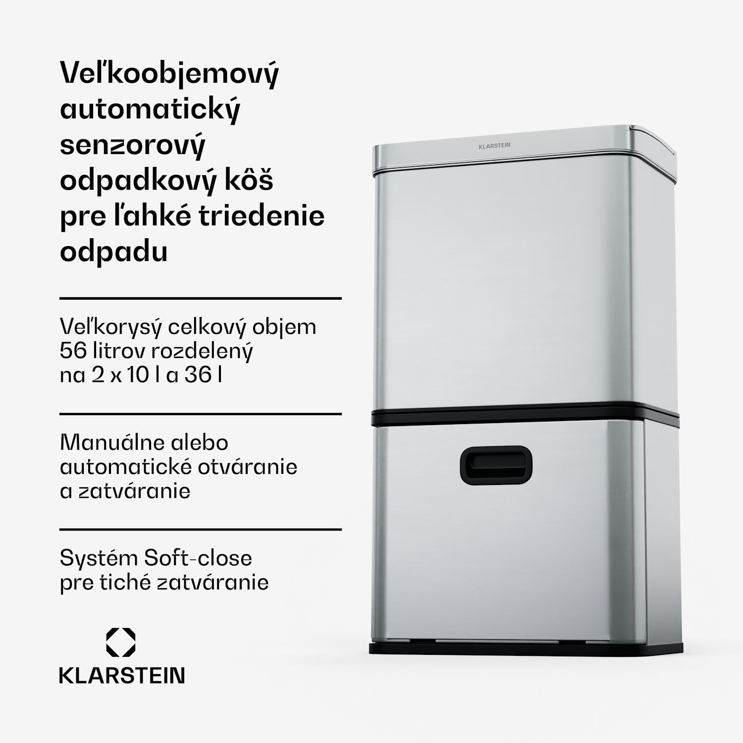 Touchless, senzorový odpadkový kôš, 56 l, z nehrdzavejúcej ocele, 3 koše, Soft-Close zatváranie, napájaný batériou, LED displej, časovač 