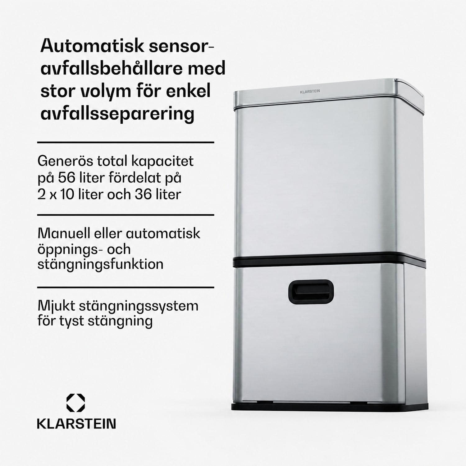 Beröringsfri soptunna med sensor 56 liter rostfritt stål mjukstängning 3 behållare LED-display timer 