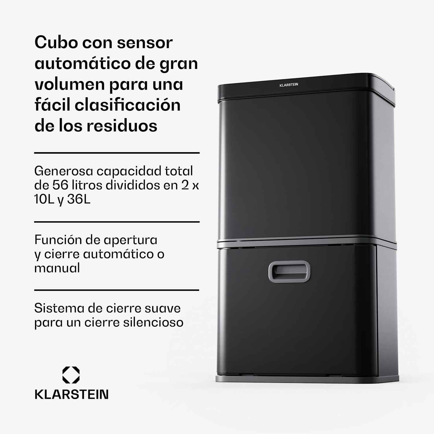 Cubo de basura con sensor sin contacto 56L acero inoxidable Soft-Close 3 contenedores pantalla LED temporizador 