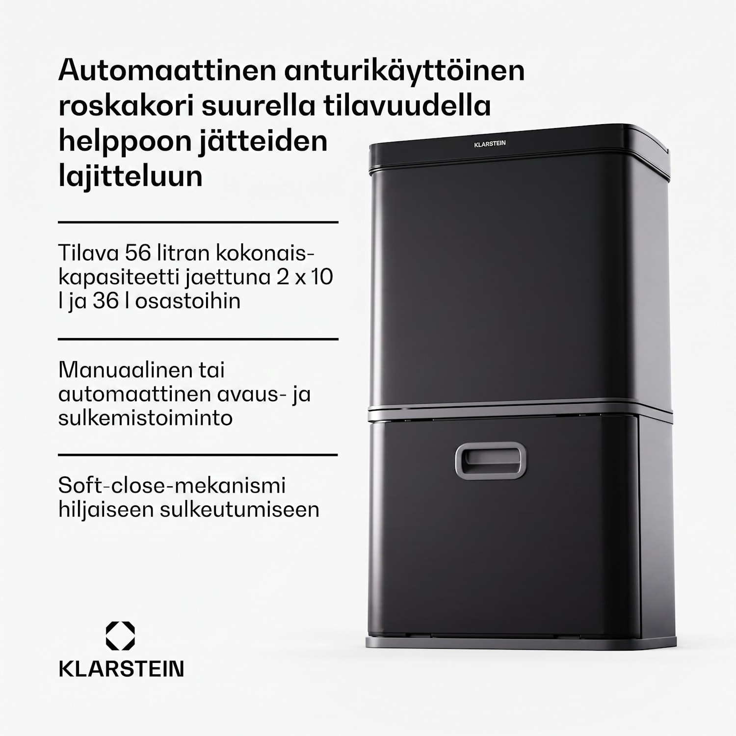 Kosketukseton 56L roskis ruostumatonta terästä, pehmeä sulkeutuminen, 3 astiaa, LED-näyttö, ajastin 
