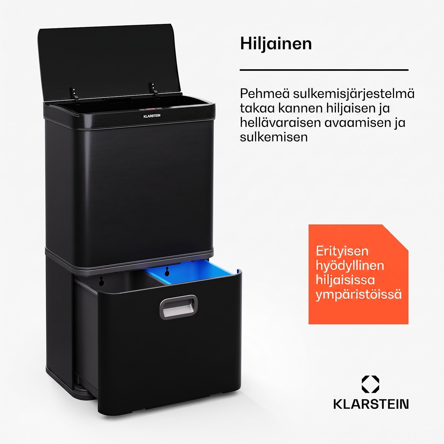 Kosketukseton 56L roskis ruostumatonta terästä, pehmeä sulkeutuminen, 3 astiaa, LED-näyttö, ajastin 