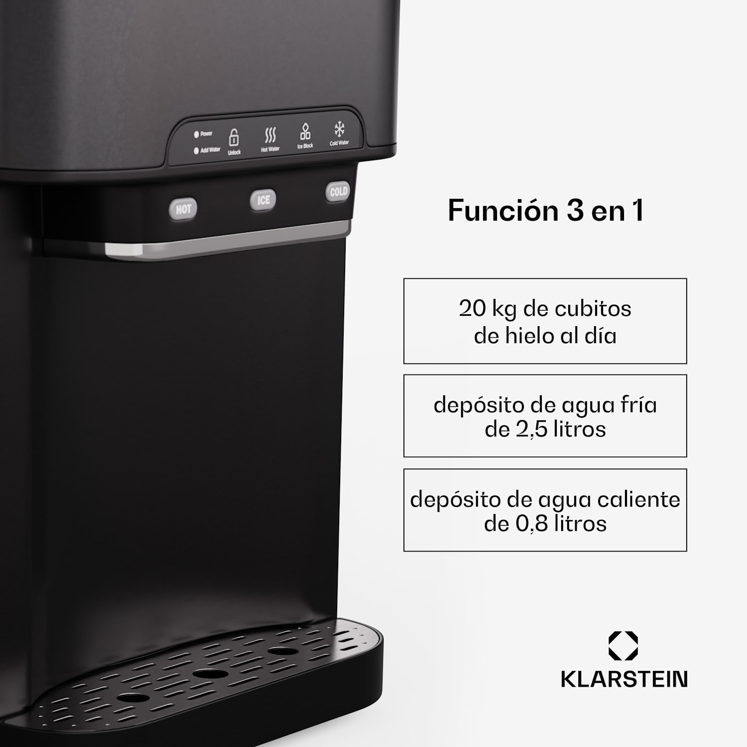 Máquina de cubitos acuosa 3 en 1: cubitos de hielo, dispensador de agua: caliente y fría 20 kg/24h Negro