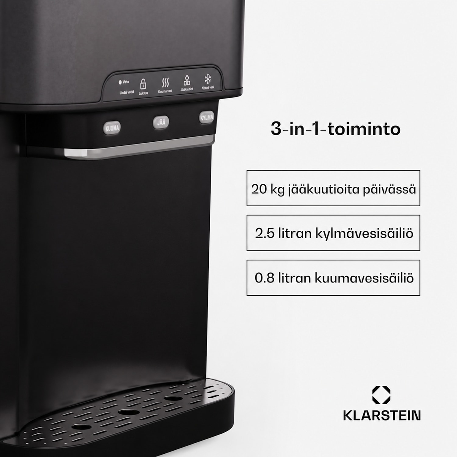 Aqueous jääpalakone 3 in 1: jääpaloja, vesiautomaatti: kuuma ja kylmä 20 kg/24 h Musta