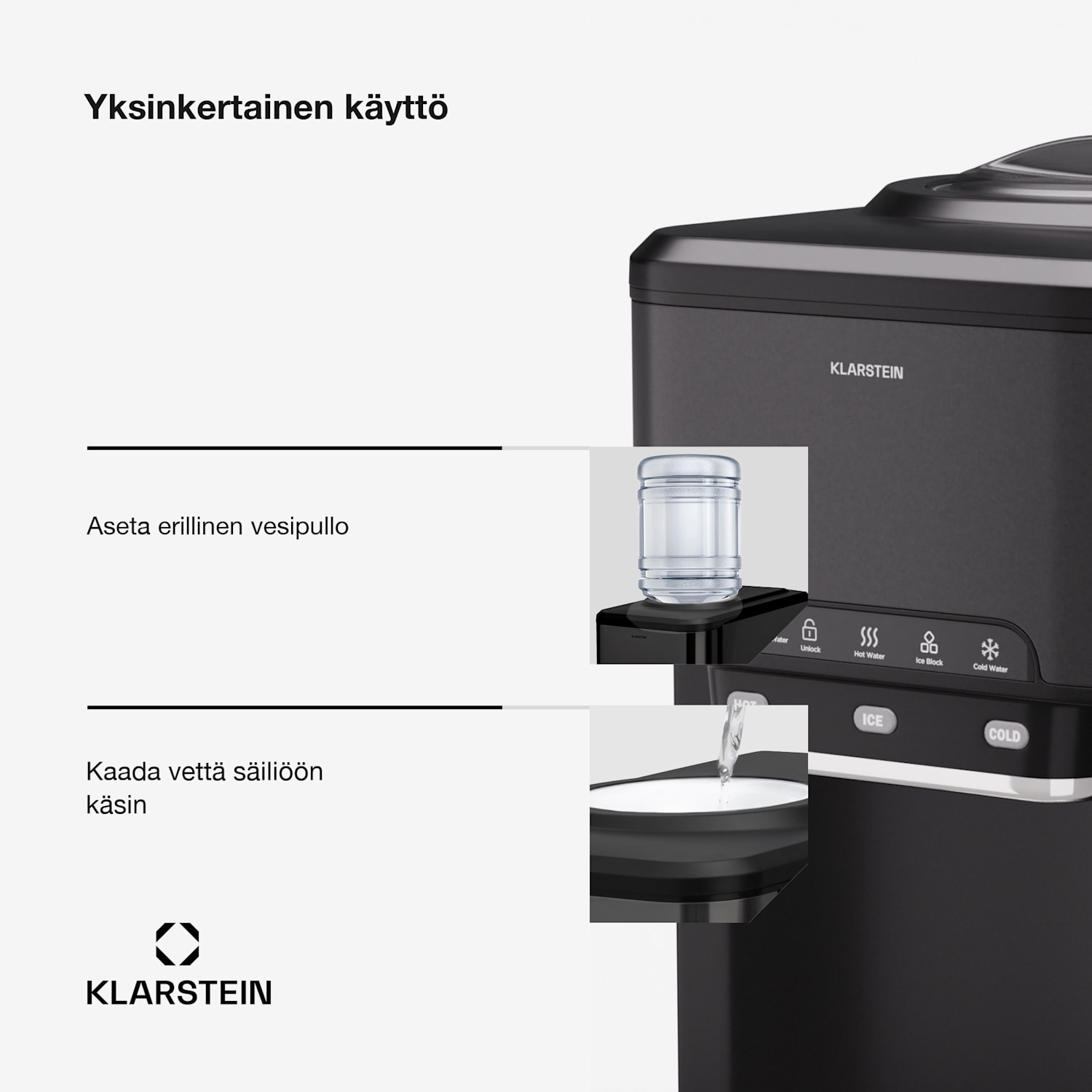 Aqueous jääpalakone 3 in 1: jääpaloja, vesiautomaatti: kuuma ja kylmä 20 kg/24 h Musta