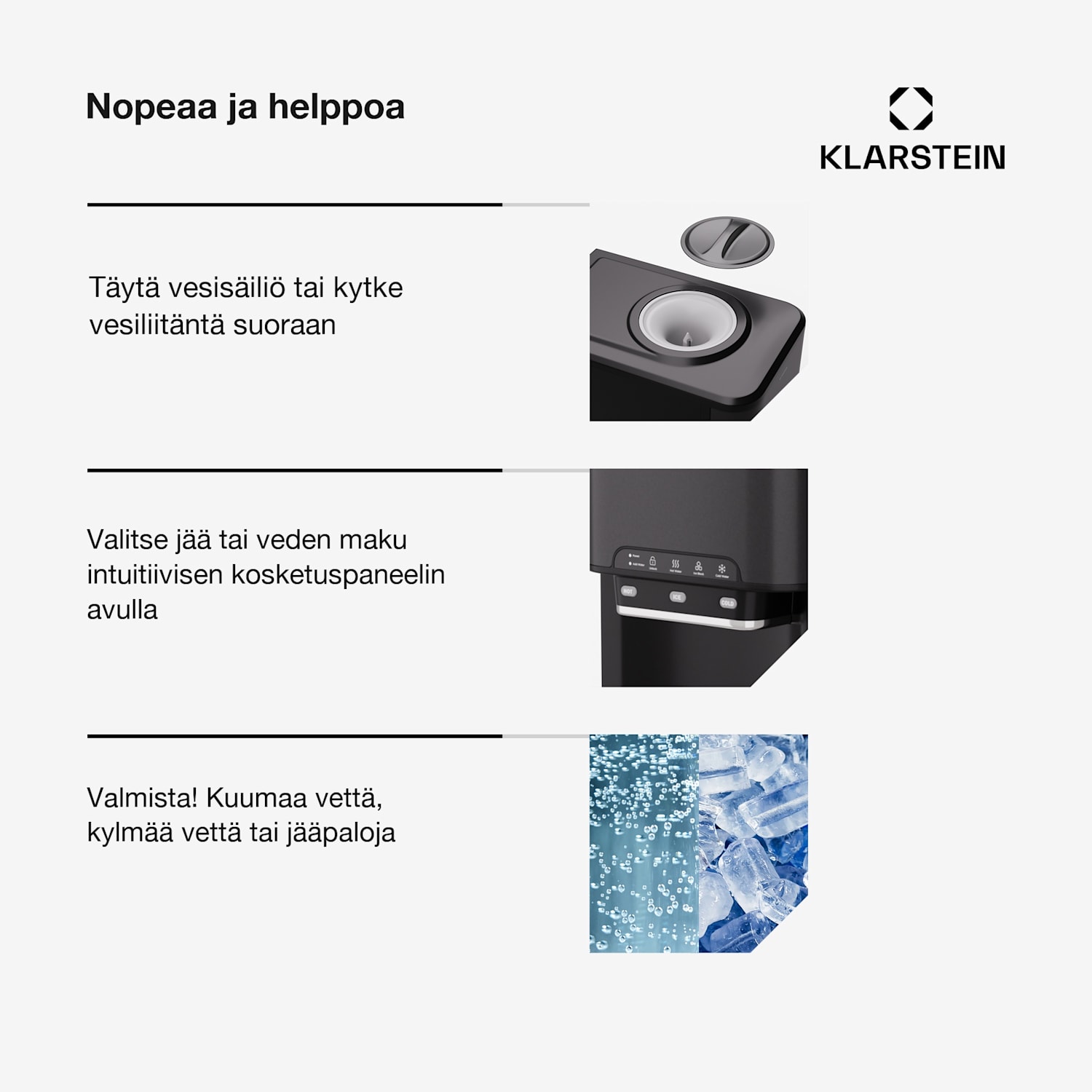 Aqueous jääpalakone 3 in 1: jääpaloja, vesiautomaatti: kuuma ja kylmä 20 kg/24 h Musta