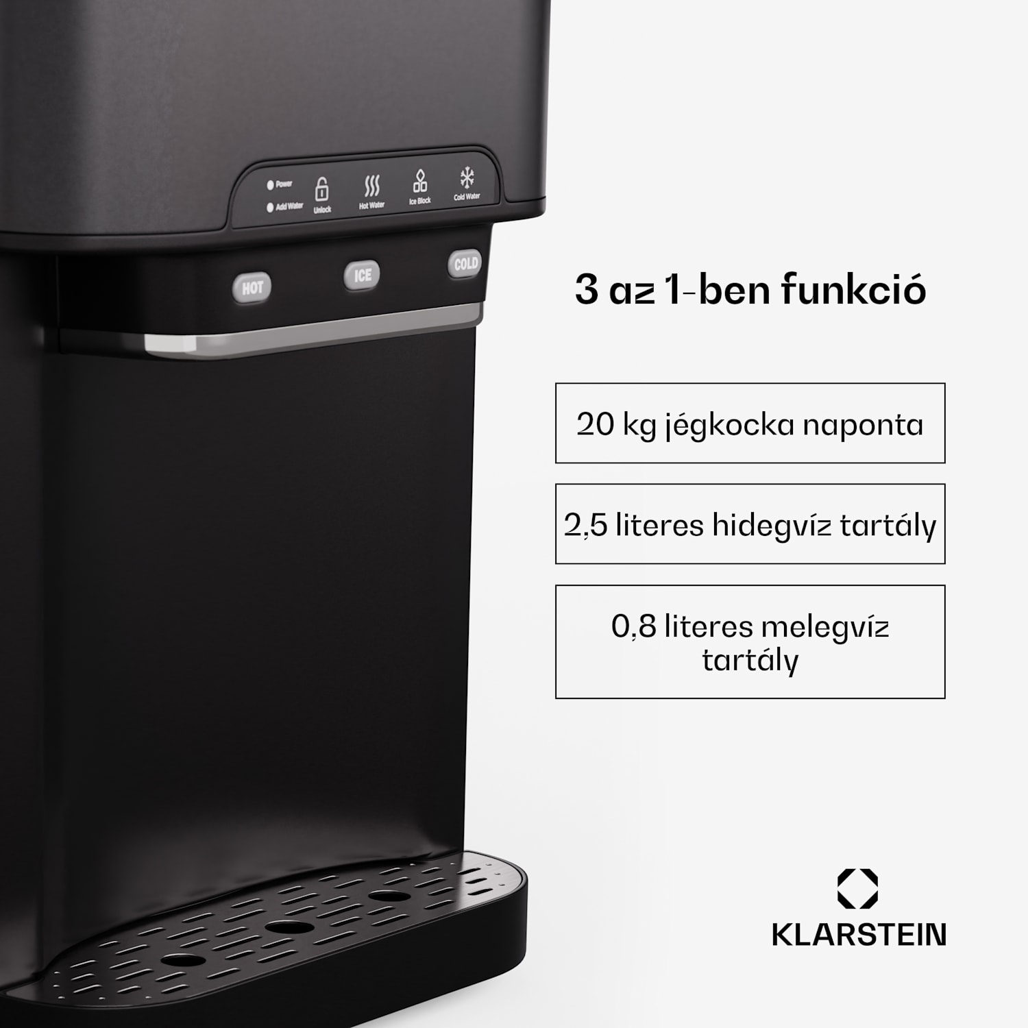 Aqueous, jégkocka készítő 3 az 1-ben, jégkocka, 20 kg/24 h, vízadagoló: hideg és meleg Fekete