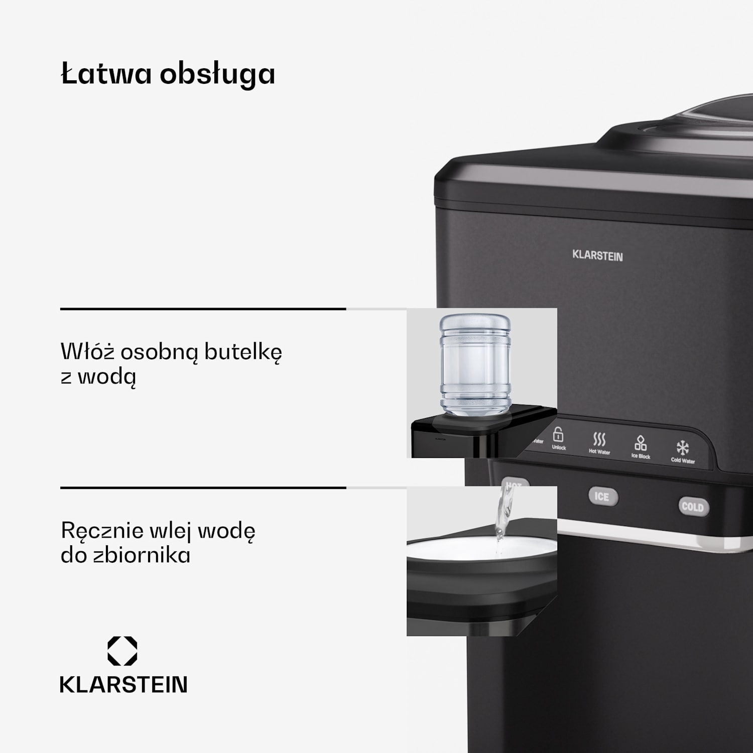 Wodna kostkarka do lodu 3 w 1: kostki lodu, dozownik wody: ciepłej i zimnej, 20 kg/24h Czarny