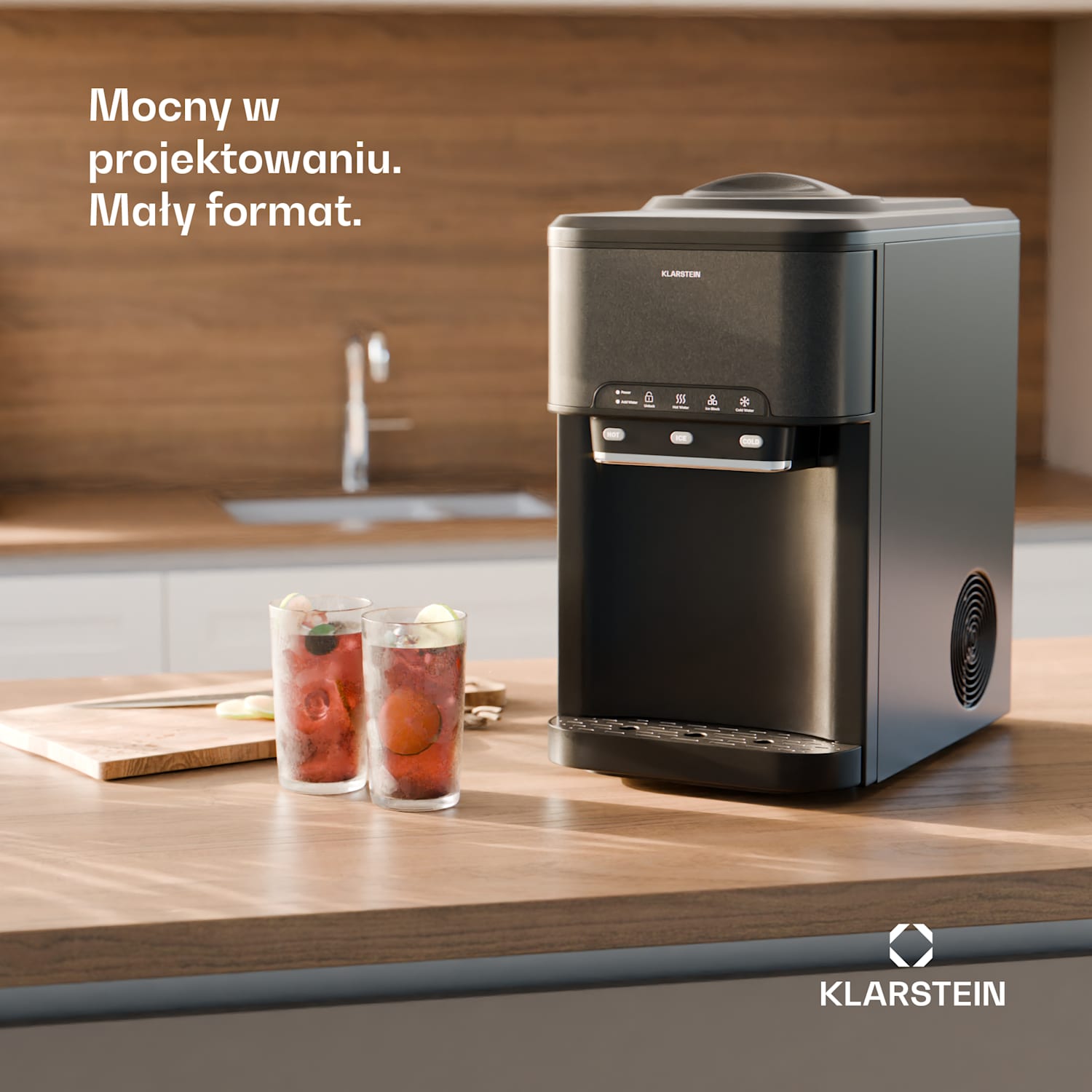 Wodna kostkarka do lodu 3 w 1: kostki lodu, dozownik wody: ciepłej i zimnej, 20 kg/24h Czarny