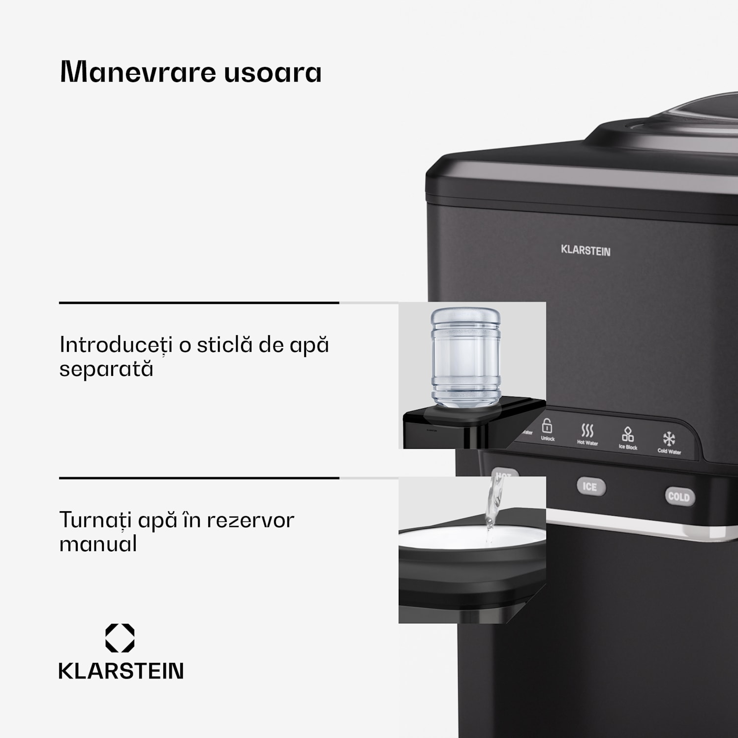 Aqueous aparat de gheață 3 în 1: cuburi de gheață, distribuitor de apă: caldă și rece 20 kg/24h Negru