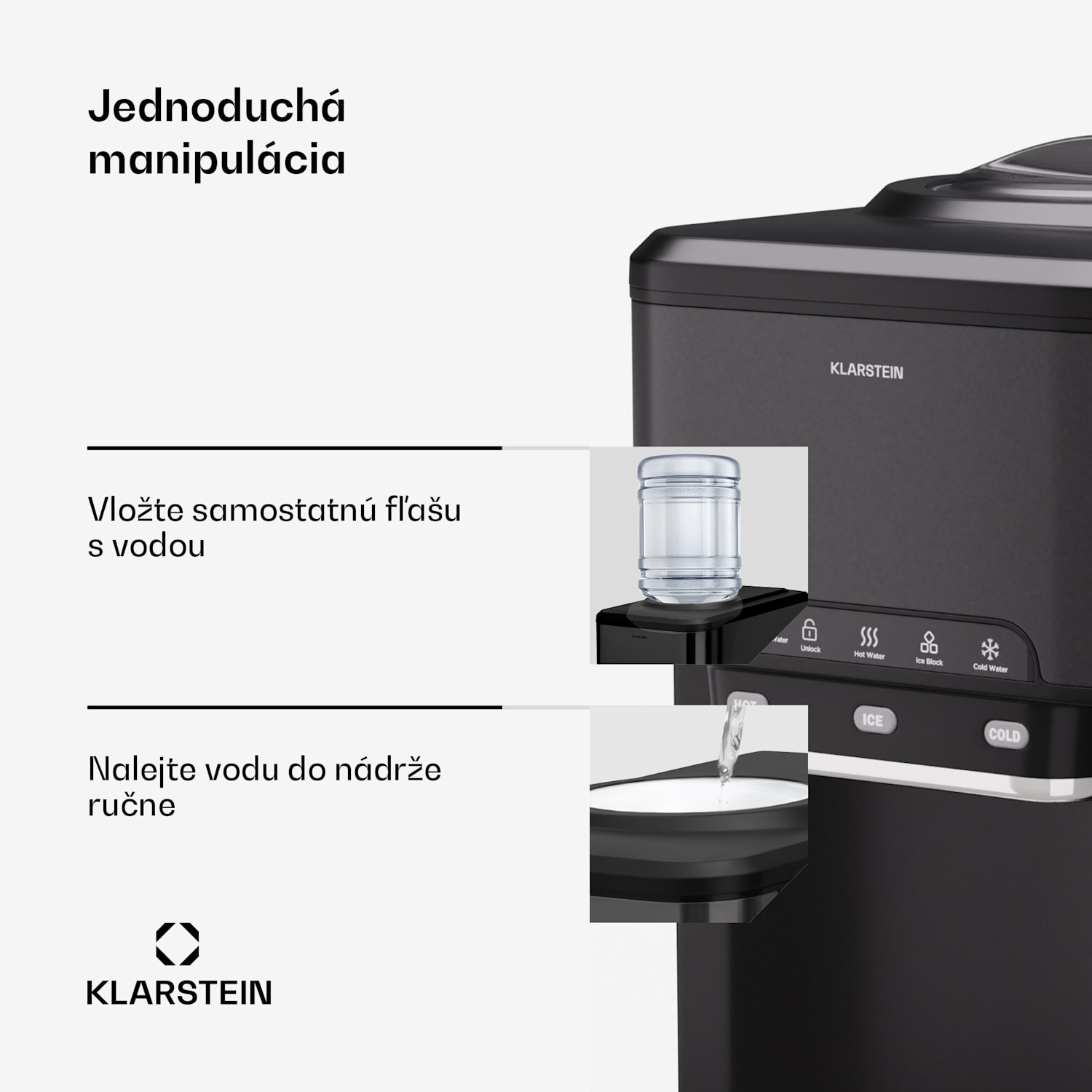 Aqueous výrobník ľadu 3 v 1: kocky ľadu, dávkovač vody: horúca a studená, 20 kg/24h Čierna