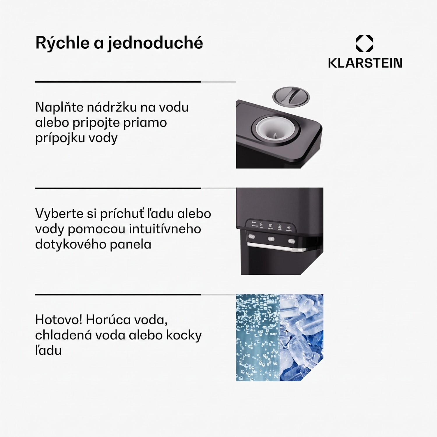 Aqueous výrobník ľadu 3 v 1: kocky ľadu, dávkovač vody: horúca a studená, 20 kg/24h Čierna