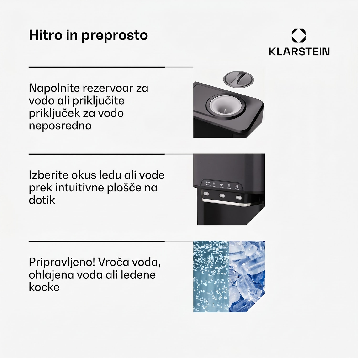 Aqueous ledomat 3 v 1: ledene kocke, dozator vode: vroča in hladna 20 kg/24h Črna