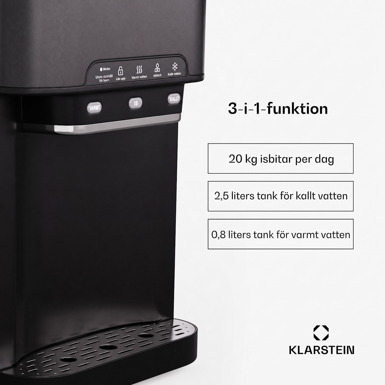 Aqueous ismaskin 3-i-1: isbitar, vattenautomat: varmt och kallt, 20 kg/24 timmar Svart