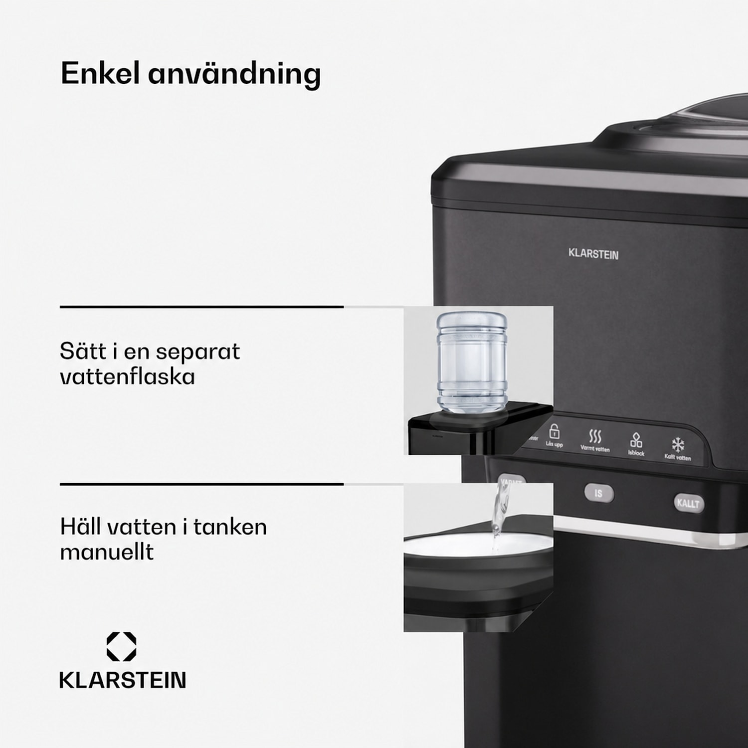 Aqueous ismaskin 3-i-1: isbitar, vattenautomat: varmt och kallt, 20 kg/24 timmar Svart