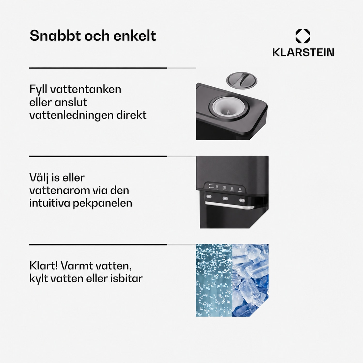 Aqueous ismaskin 3-i-1: isbitar, vattenautomat: varmt och kallt, 20 kg/24 timmar Svart