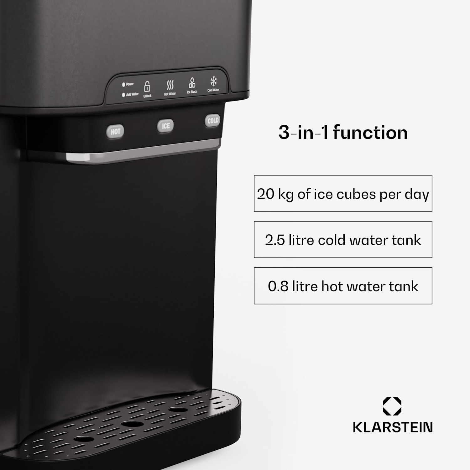 Aqueous ijsblokjesmachine 3-in-1: ijsblokjes, waterdispenser: warm & koud 20 kg/24 u Zwart