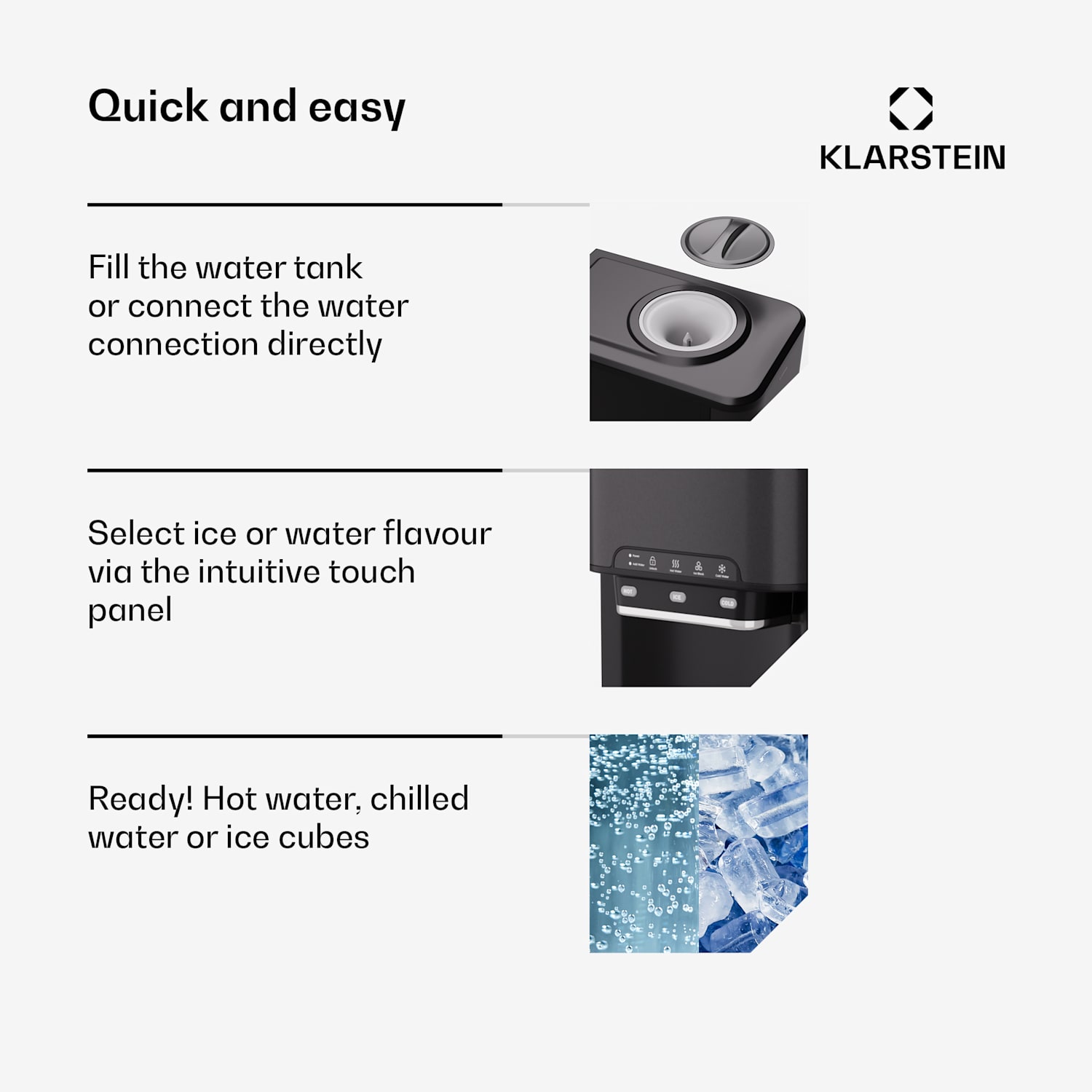 Aqueous, jégkocka készítő 3 az 1-ben, jégkocka, 20 kg/24 h, vízadagoló: hideg és meleg Fekete