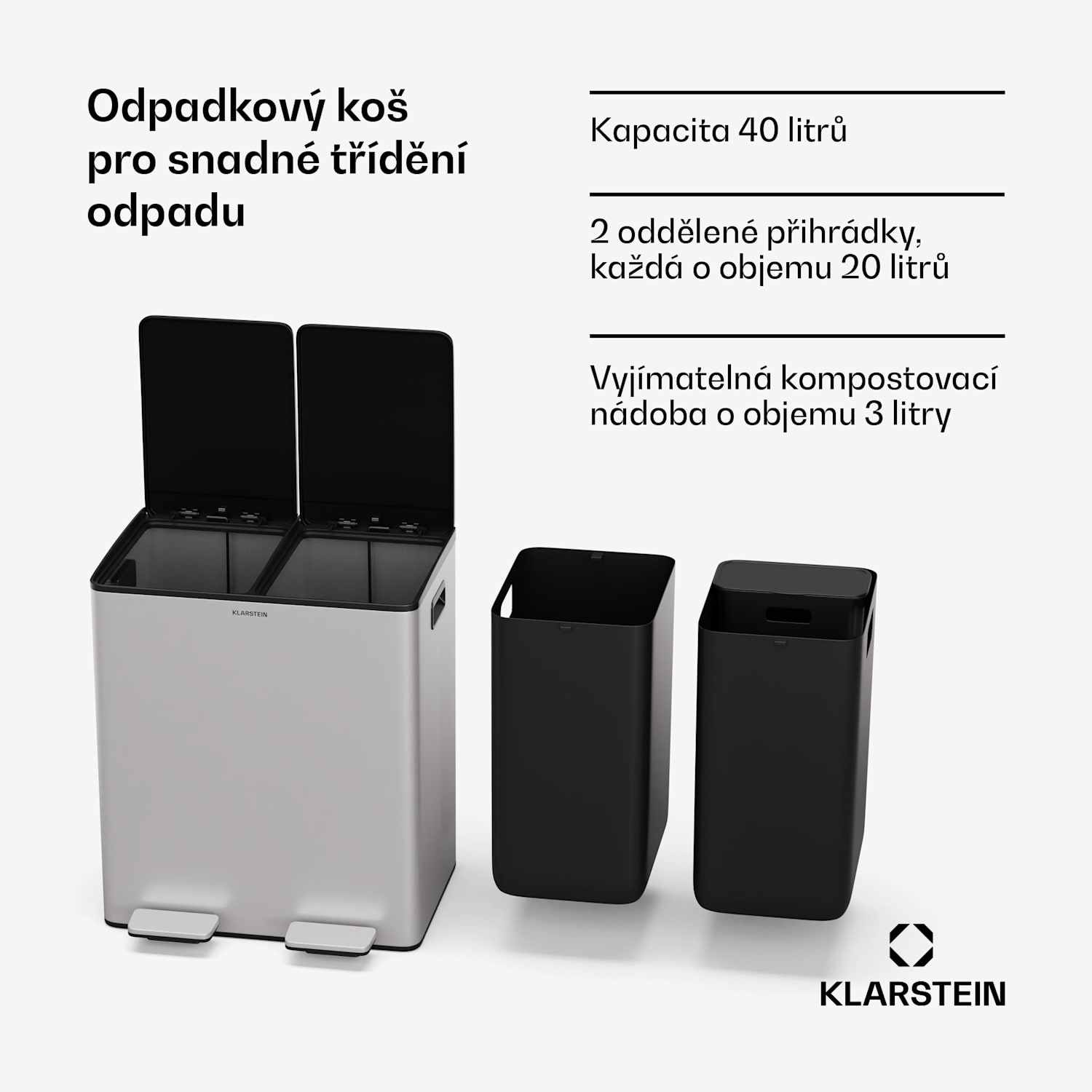 EcoVista, odpadkový koš s kompostérem, 40 l + 3 l/koš + kompostér, Soft-Close 40 litrů | Nerezová ocel