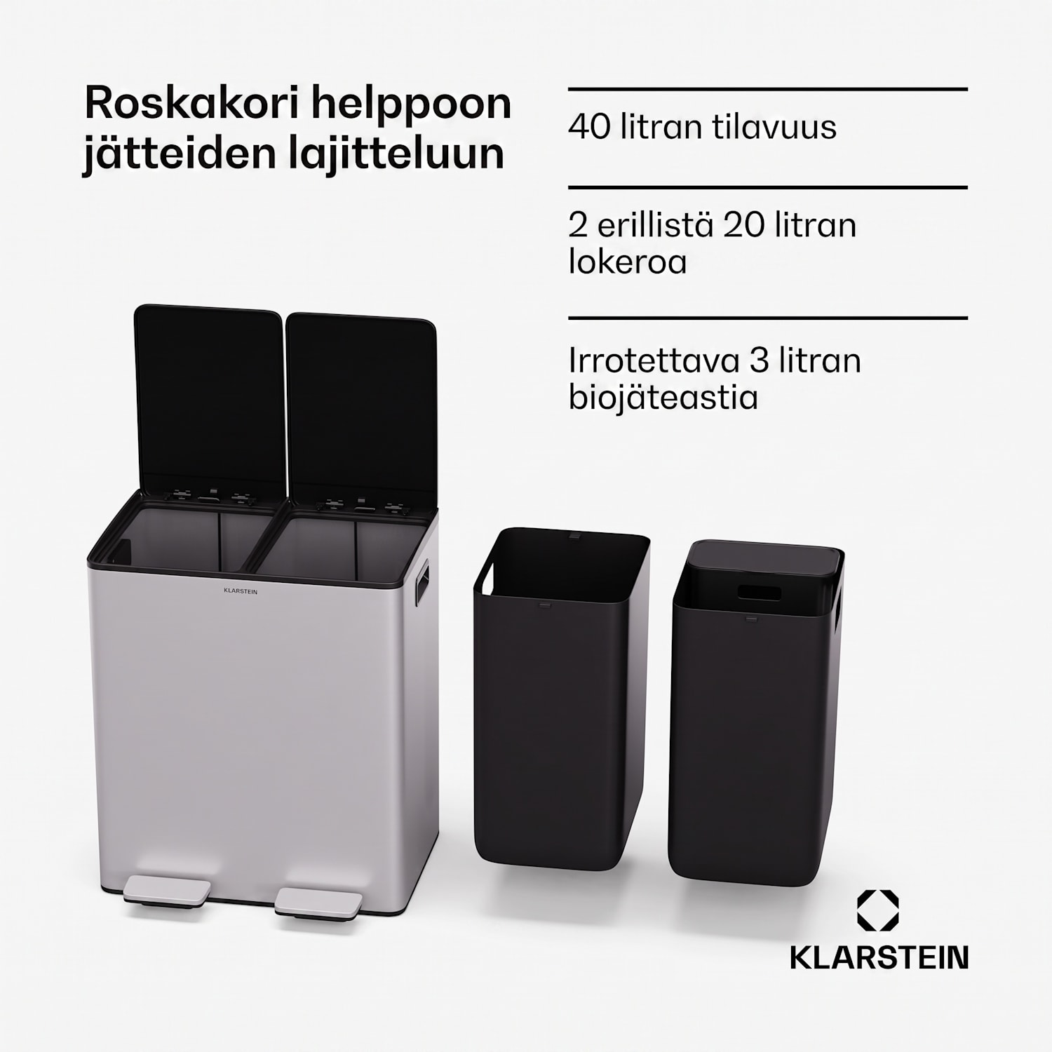 EcoVista-jäteastia biojäteastialla roska-astia 40 litraa + 3 litran kompostiastia Soft Close 40 l | Ruostumaton Teräs