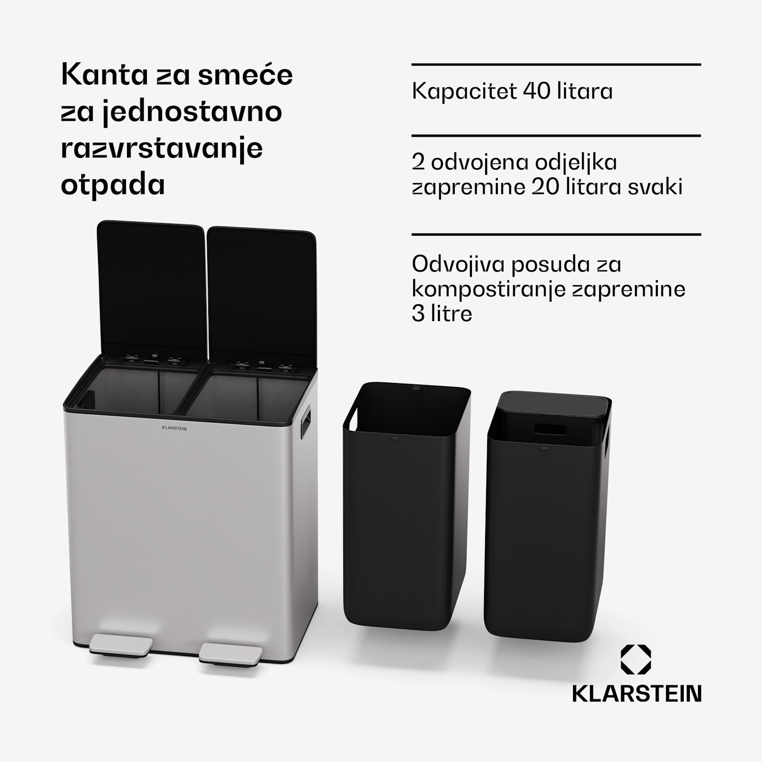 EcoVista, kanta za smeće s komposterom, 40 l + 3 l/kanta + komposter, Soft-Close 40 Ltr | Nehrđajući čelik