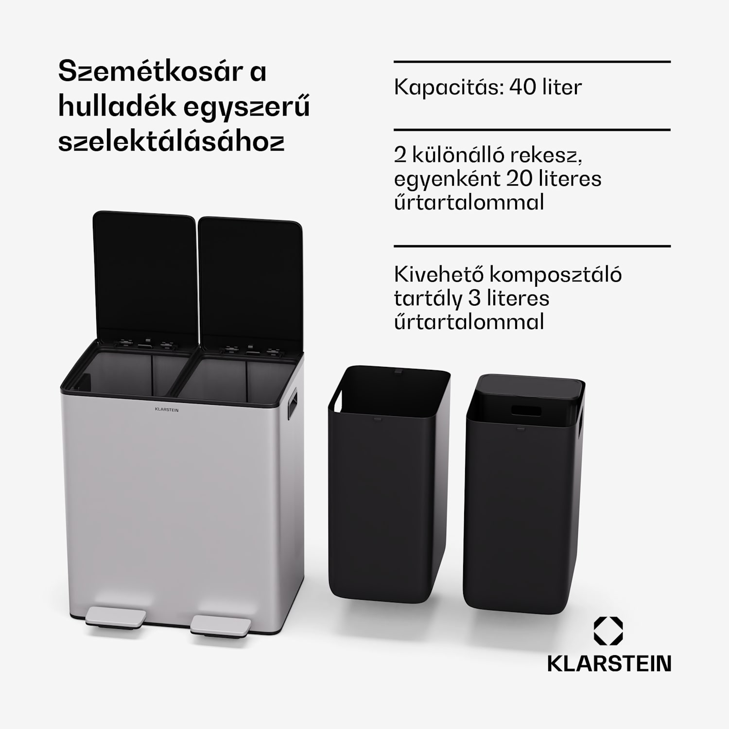 EcoVista, hulladékgyűjtő komposztálóval, 40 l + 3 l/tároló + komposztáló, Soft-Close 40 Ltr | Rozsdamentes acél