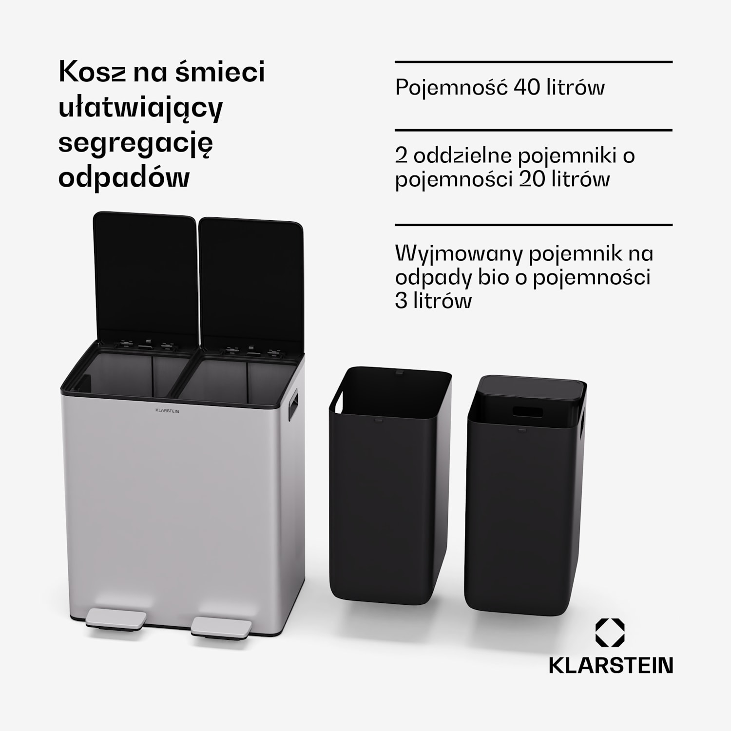 EcoVista, kosz na odpady z pojemnikiem na odpady bio, 40 l + 3 l/pojemnik + pojemnik na odpady bio, Soft-Close 40 Ltr | Stal nierdzewna