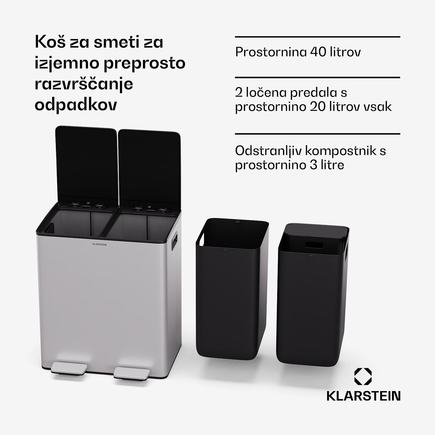 EcoVista, koš za odpadke s kompostnikom, 40 l + 3 l/koš + kompostnik, Soft-Close 40 Ltr | Nerjaveče jeklo