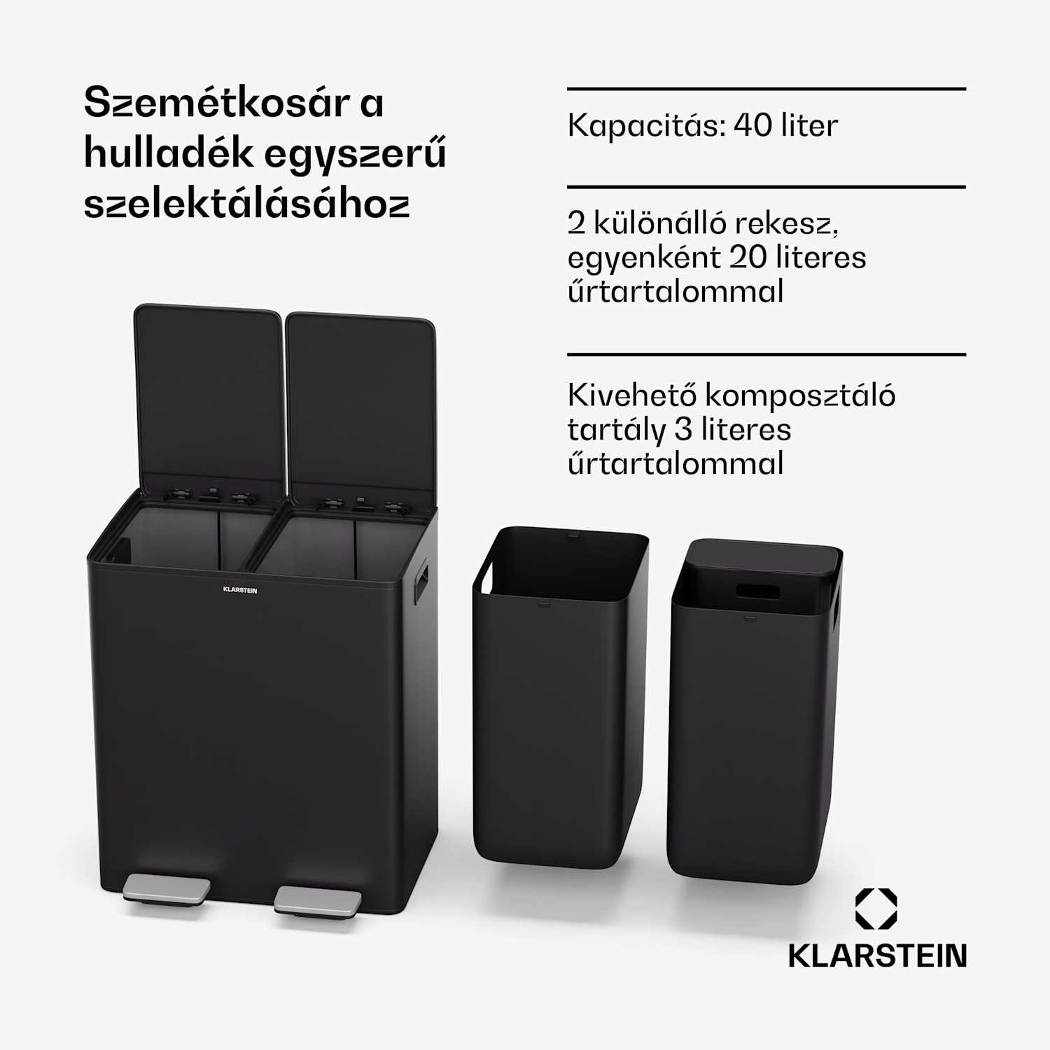 EcoVista, hulladékgyűjtő komposztálóval, 40 l + 3 l/tároló + komposztáló, Soft-Close 40 Ltr | Fekete