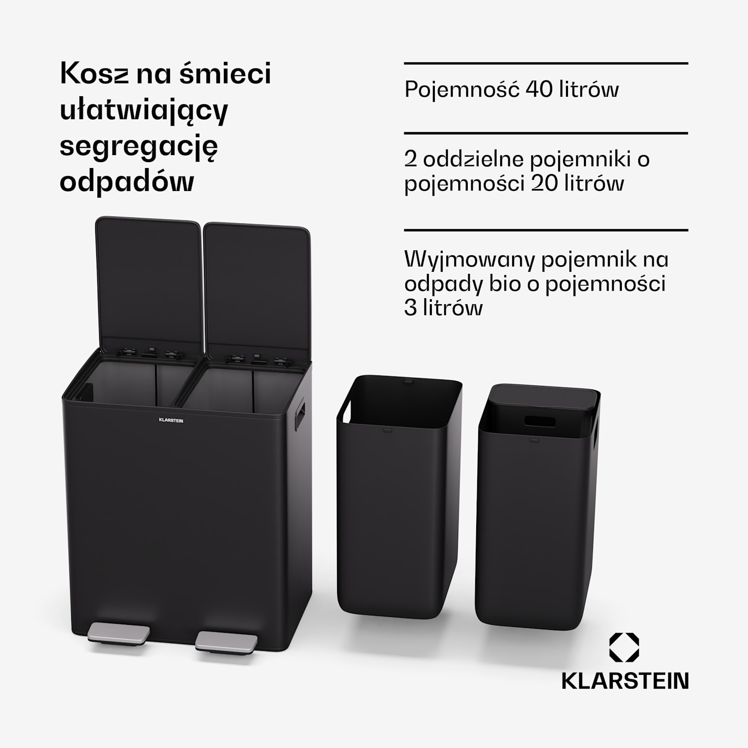 EcoVista, kosz na odpady z pojemnikiem na odpady bio, 40 l + 3 l/pojemnik + pojemnik na odpady bio, Soft-Close 40 Ltr | Czarny