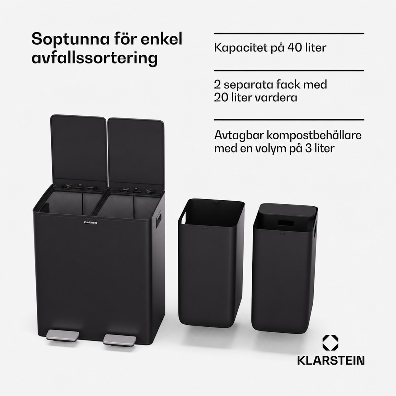 EcoVista soptunna med kompostbehållare, 40 liter + 3 liters kompostbehållare, Soft-Close 40 L | Svart