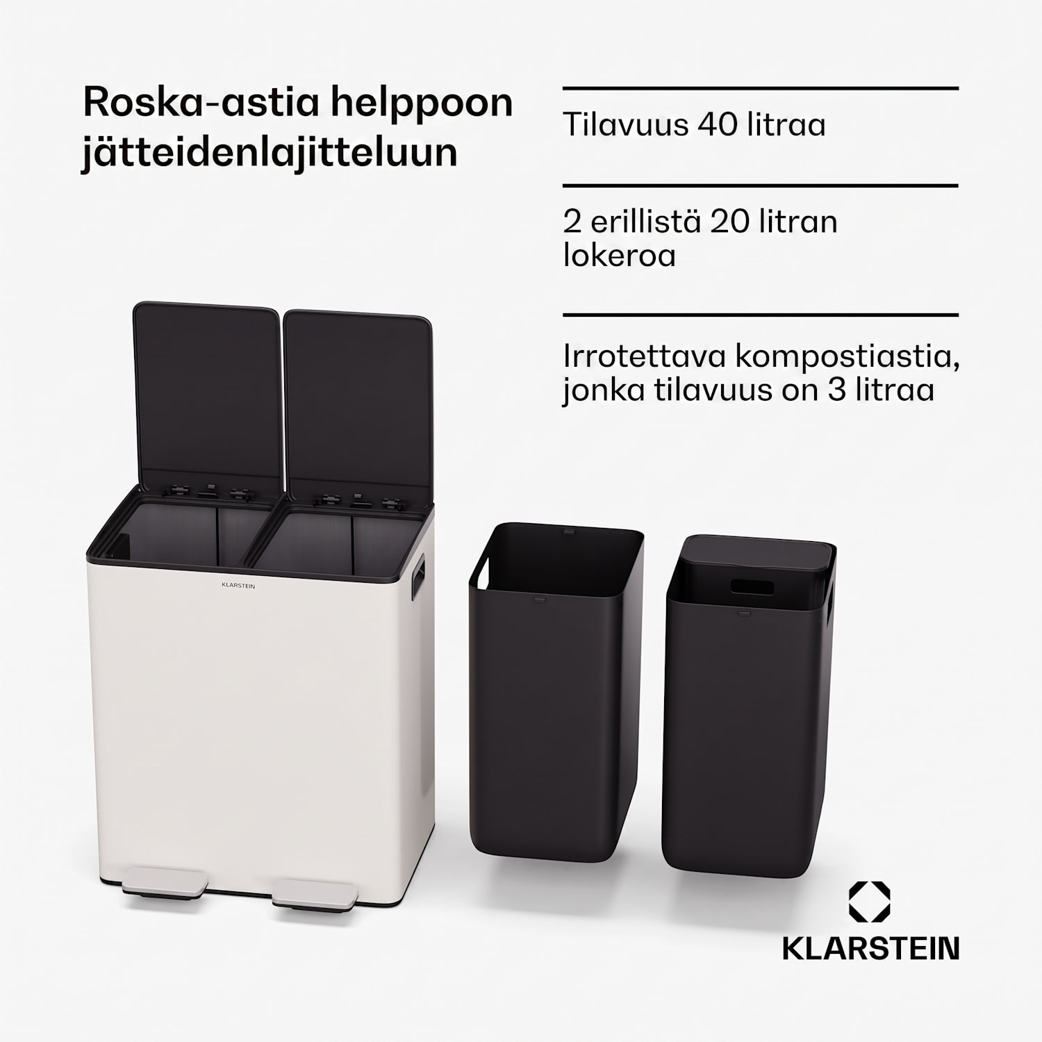EcoVista-jäteastia biojäteastialla roska-astia 40 litraa + 3 litran kompostiastia Soft Close 40 l | Kermanvärinen