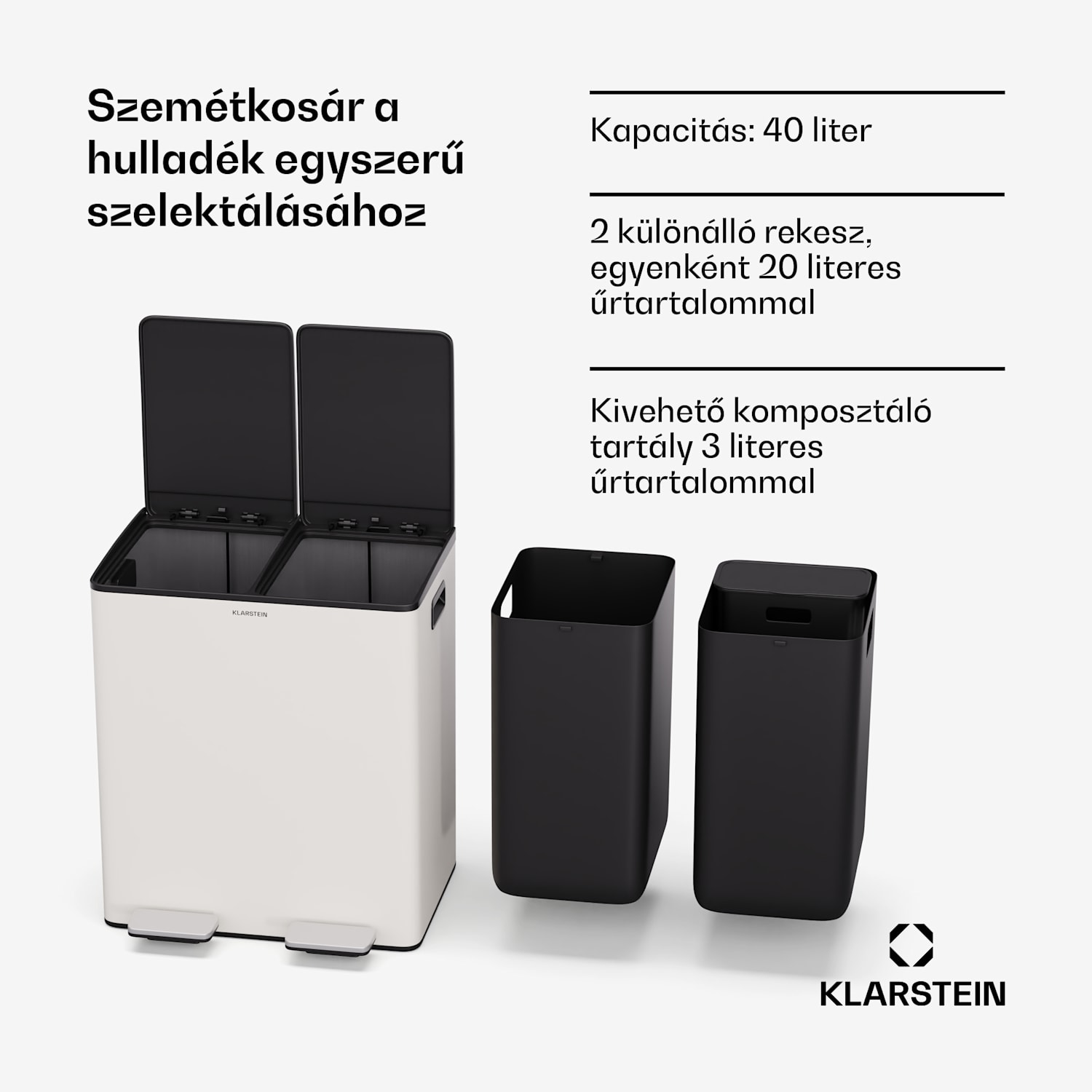 EcoVista, hulladékgyűjtő komposztálóval, 40 l + 3 l/tároló + komposztáló, Soft-Close 40 Ltr | Krémszín