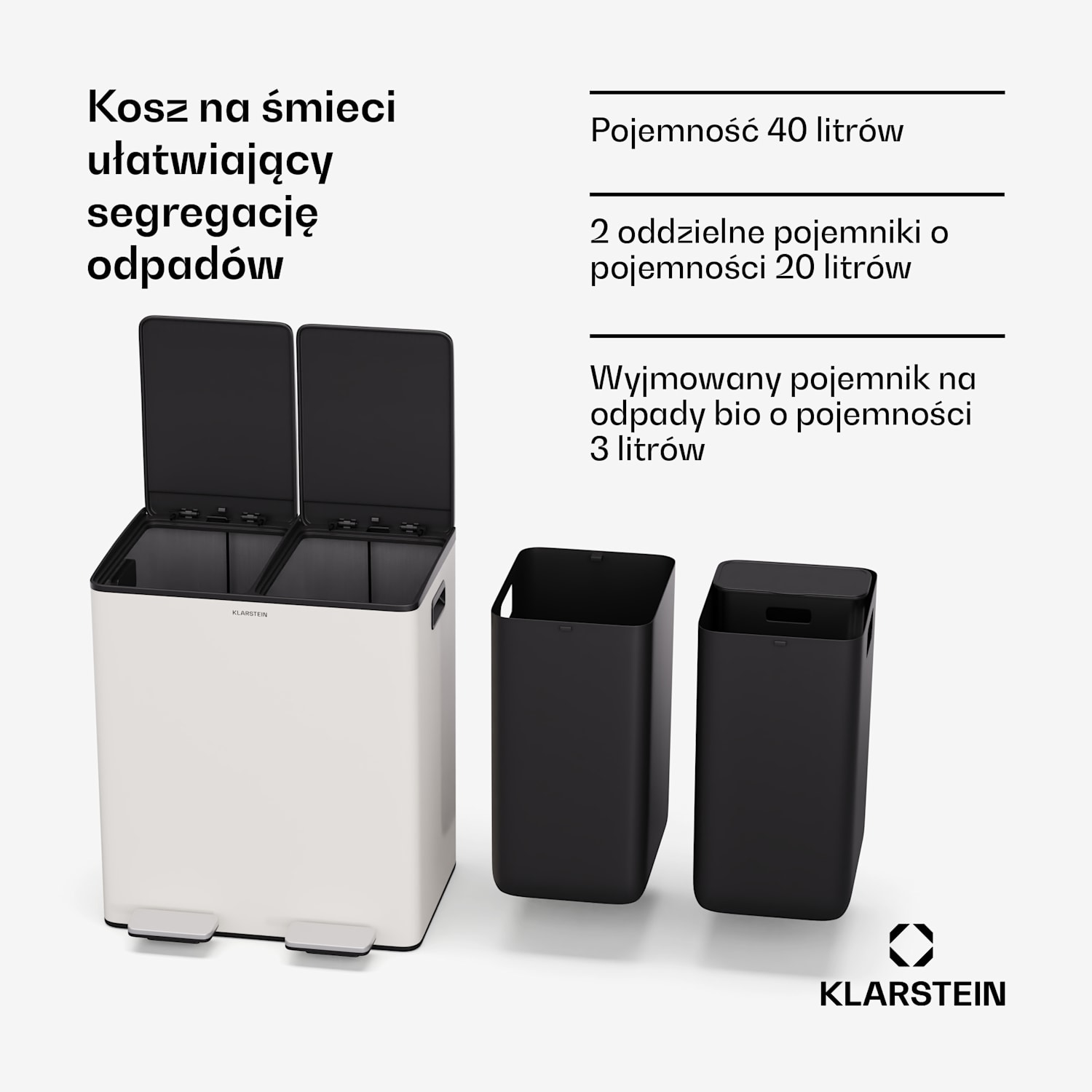 EcoVista, kosz na odpady z pojemnikiem na odpady bio, 40 l + 3 l/pojemnik + pojemnik na odpady bio, Soft-Close 40 Ltr | Kremowy