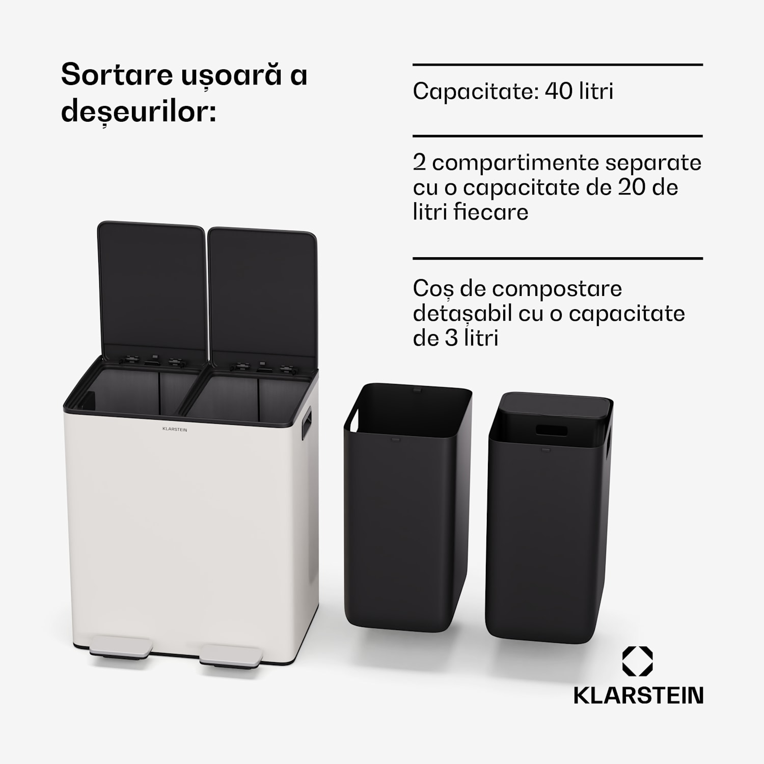 EcoVista, coș de gunoi cu composter, 40 l + 3 l/coș + composter, Soft-Close 40 Ltr | Crem