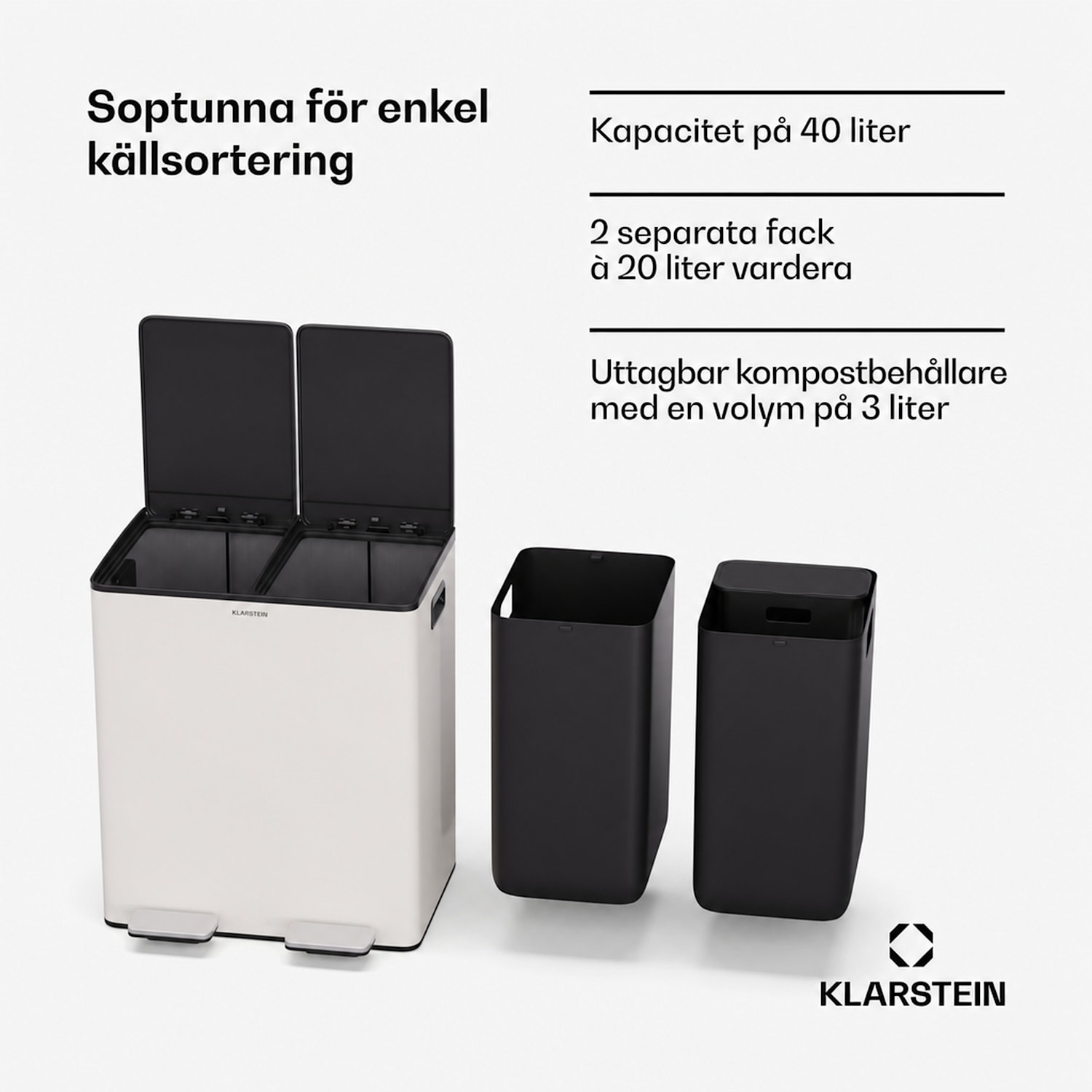 EcoVista soptunna med kompostbehållare, 40 liter + 3 liters kompostbehållare, Soft-Close 40 l | Creme