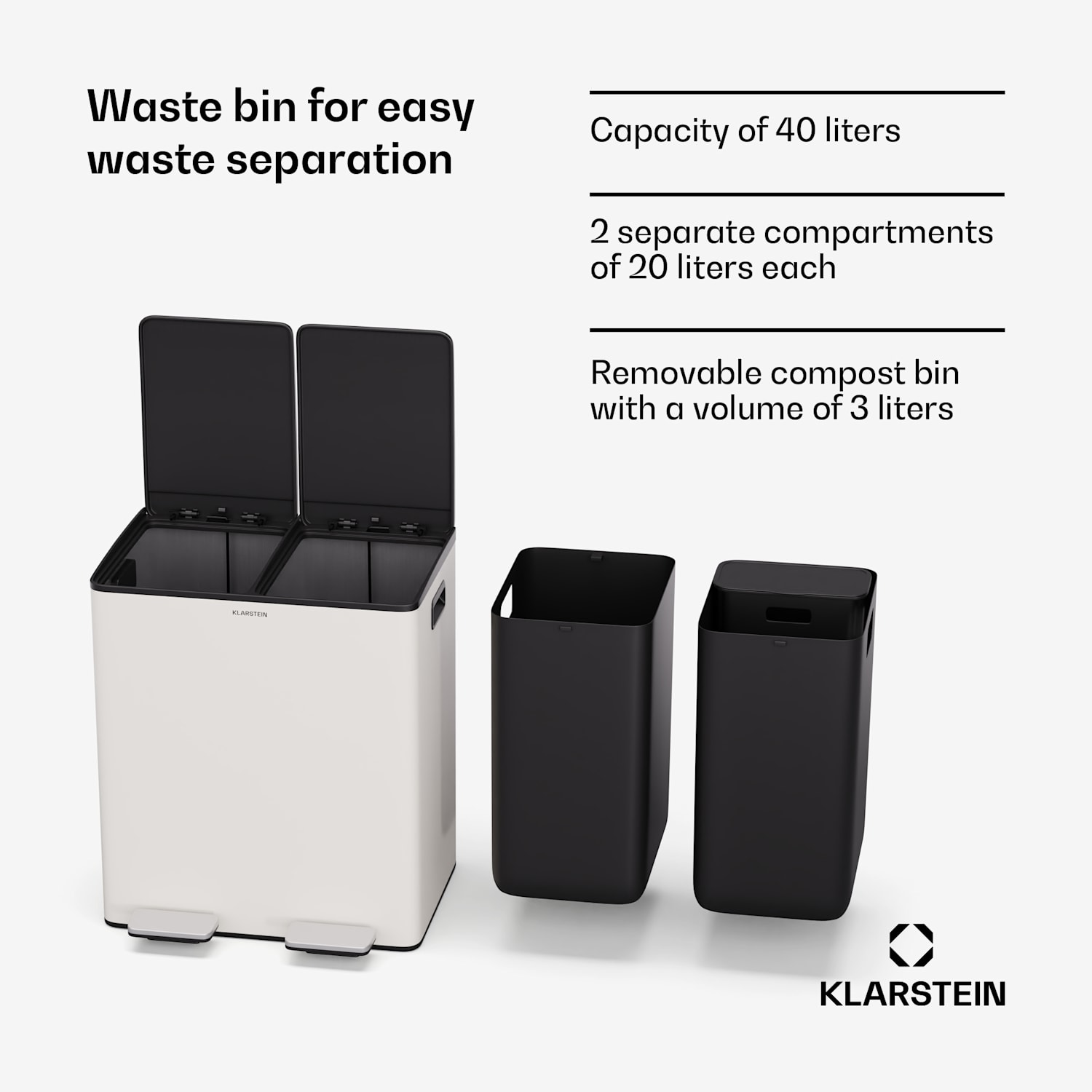 EcoVista-jäteastia biojäteastialla roska-astia 40 litraa + 3 litran kompostiastia Soft Close 40 l | Kermanvärinen