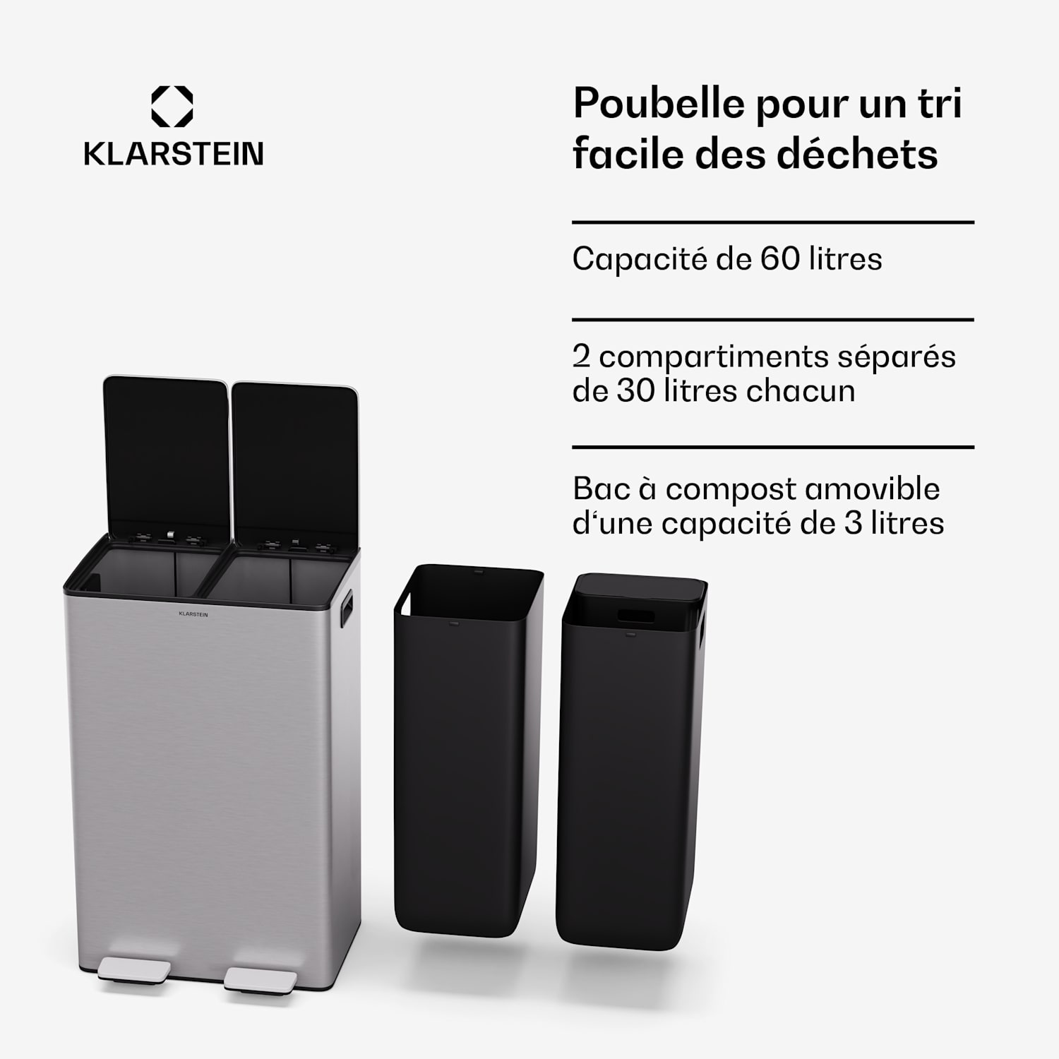 EcoVista afvalbak met composteerbak vuilnisbak 60 liter + 3 liter composteerbak soft-close 60 ltr | Roestvrij Staal