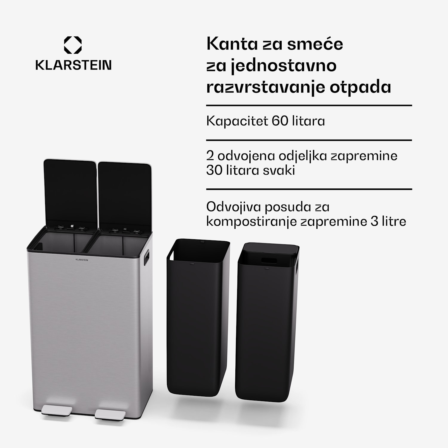 EcoVista, kanta za otpatke s komposterom, 60 l + 3 l/kanta + komposter, Soft-Close 60 Ltr | Nehrđajući čelik