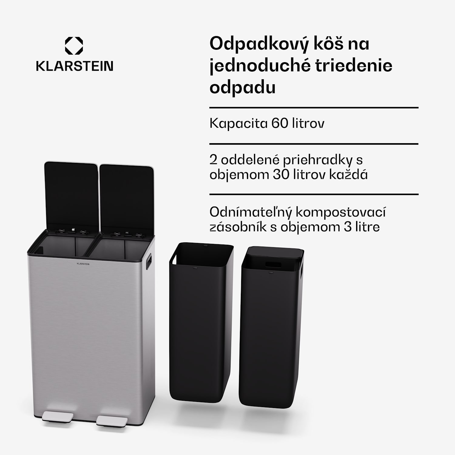 EcoVista, odpadkový kôš s kompostérom, 60 l + 3 l/kôš + kompostér, Soft-Close 60 litrov | Nehrdzavejúca oceľ