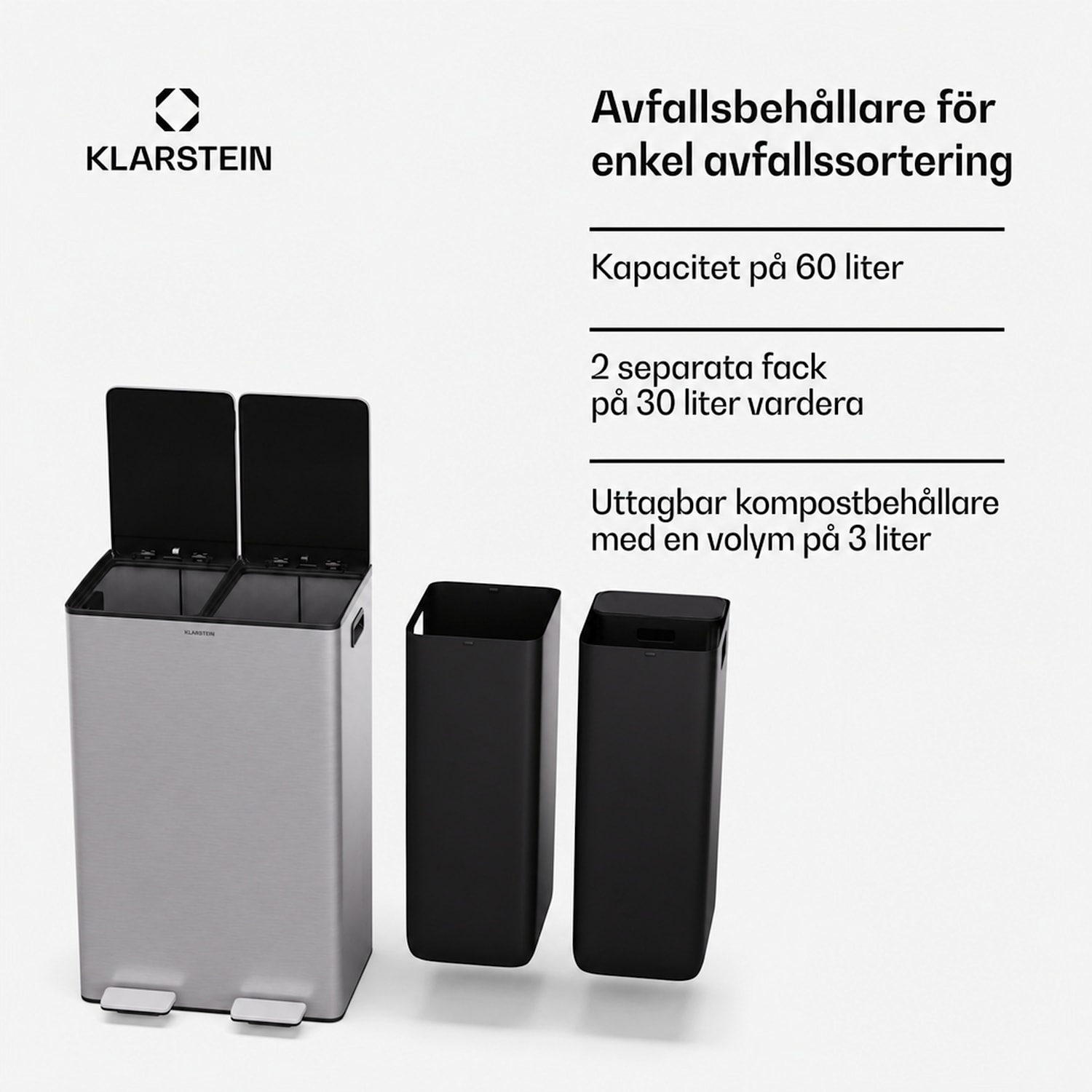 EcoVista papperskorg med kompostbehållare, 60 liter + 3 liters kompostbehållare med mjukstängning 60 l | Rostfritt Stål