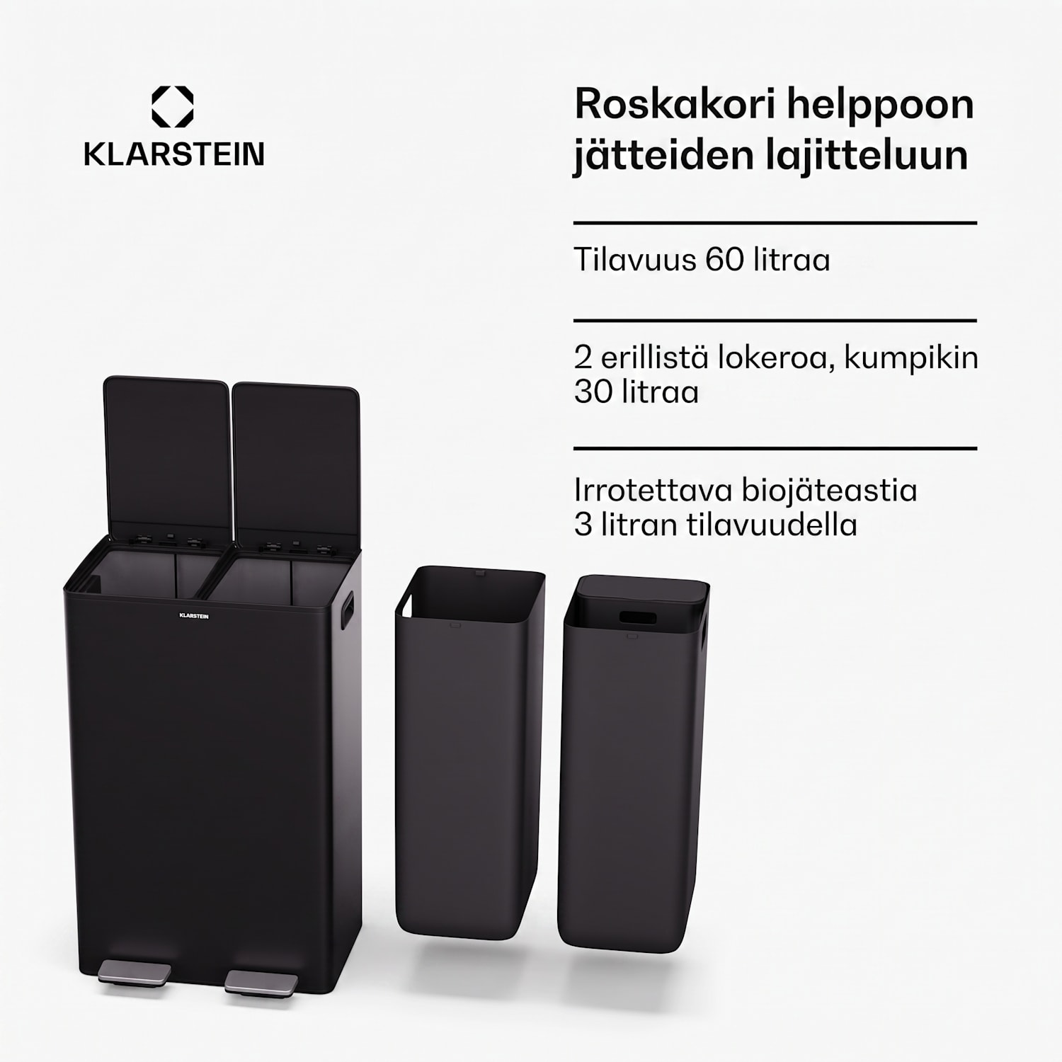EcoVista-jäteastia biojäteastialla roska-astia 60 litraa + 3 litran kompostiastia Soft Close 60 l | Musta
