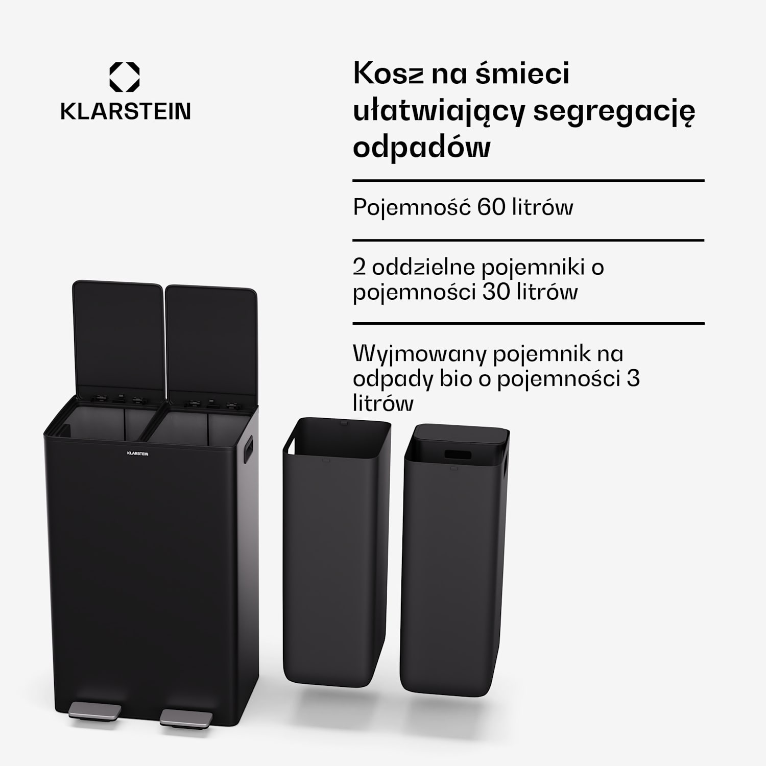 EcoVista, kosz na odpady z pojemnikiem na odpady bio, 60 l + 3 l/pojemnik + pojemnik na odpady bio, Soft-Close 60 Ltr | Czarny