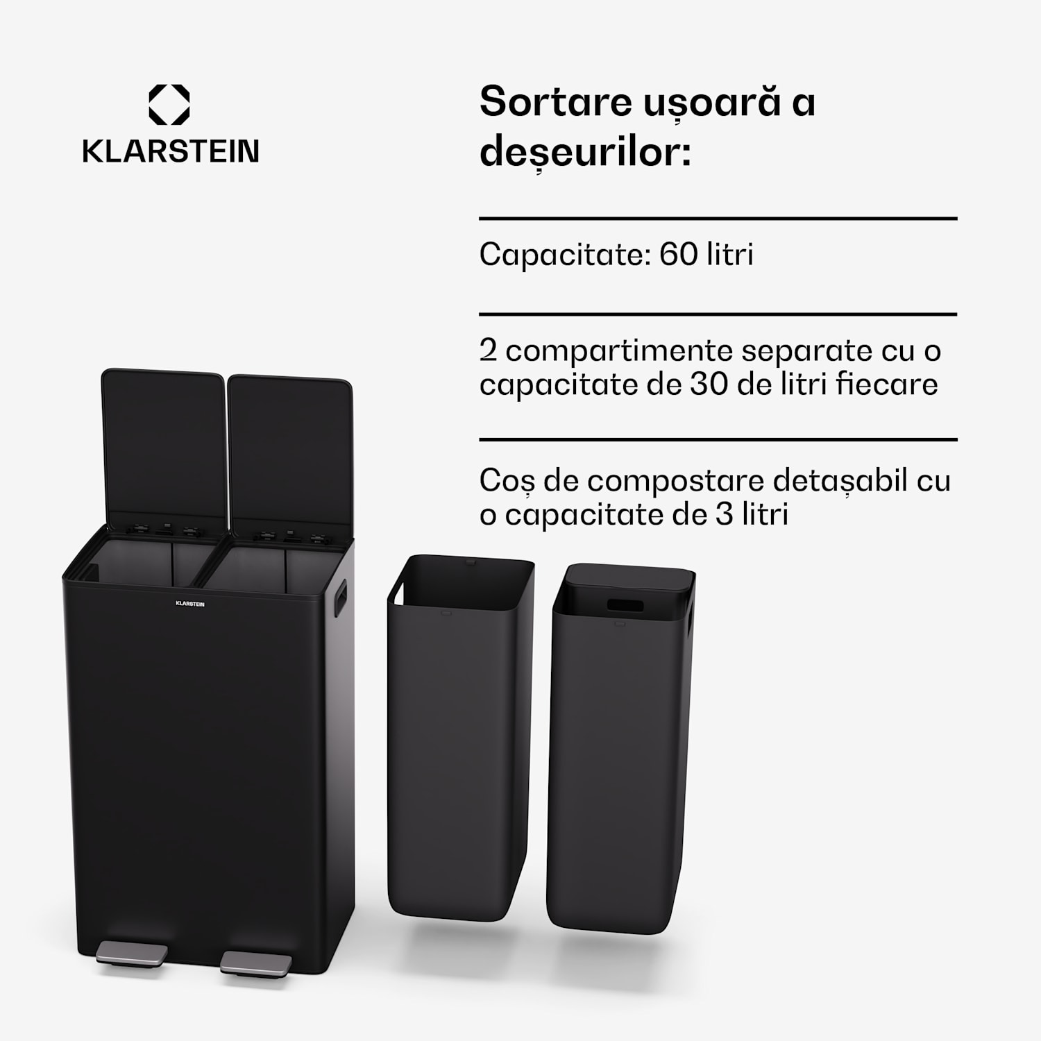 EcoVista, coș de gunoi cu composter, 60 l + 3 l/coș + composter, Soft-Close 60 Ltr | Negru