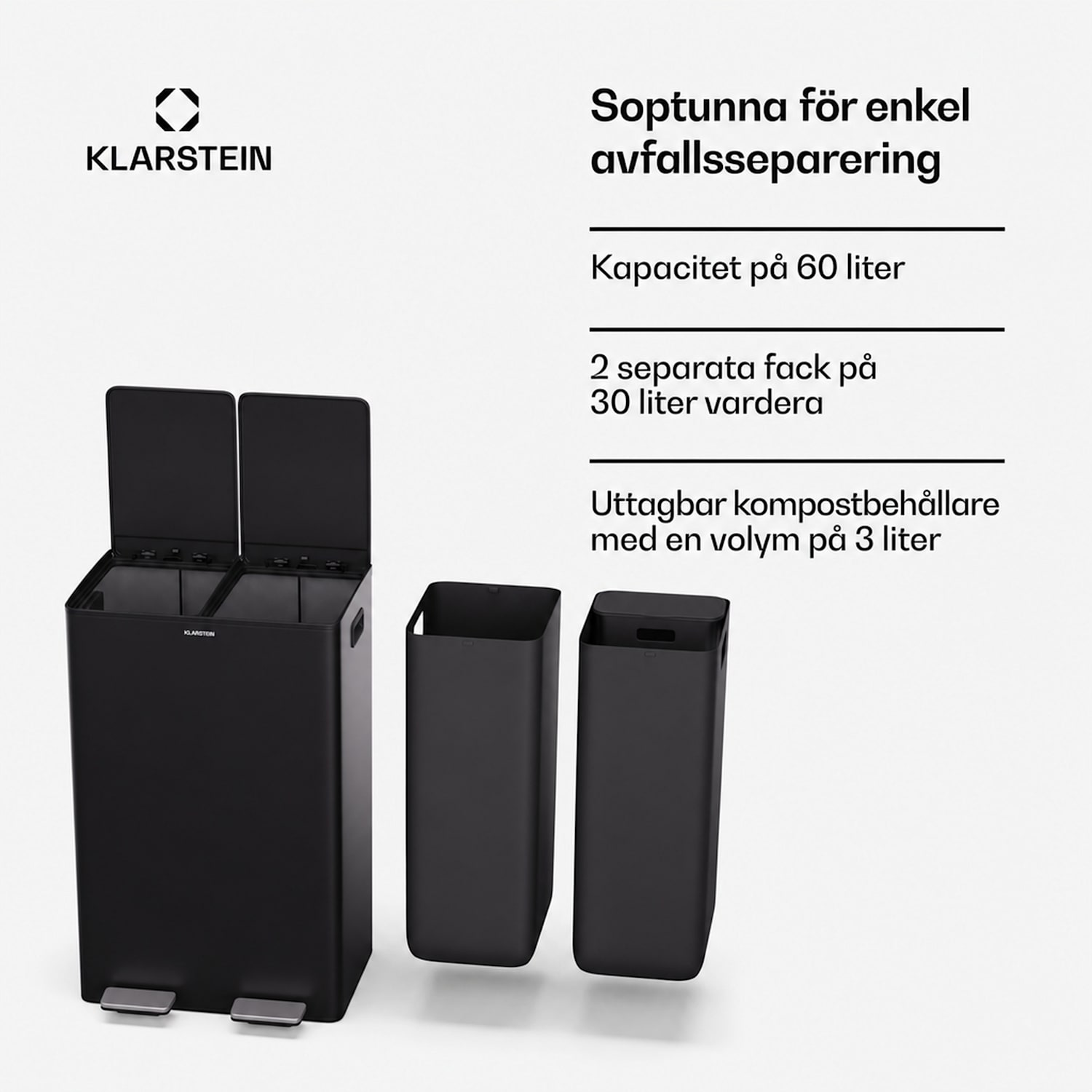 EcoVista papperskorg med kompostbehållare, 60 liter + 3 liters kompostbehållare med mjukstängning 60 l | Svart