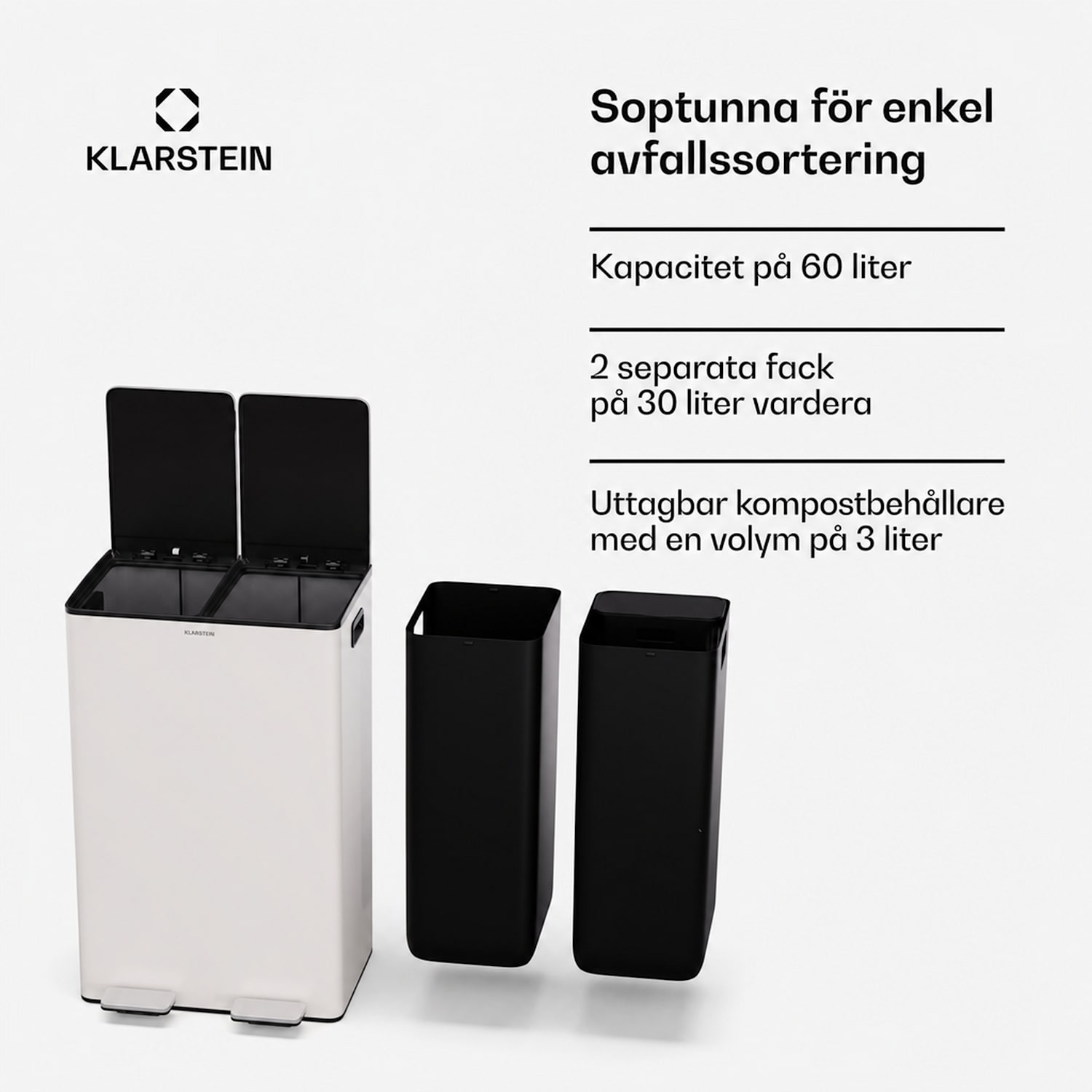 EcoVista papperskorg med kompostbehållare, 60 liter + 3 liters kompostbehållare med mjukstängning 60 L | Creme