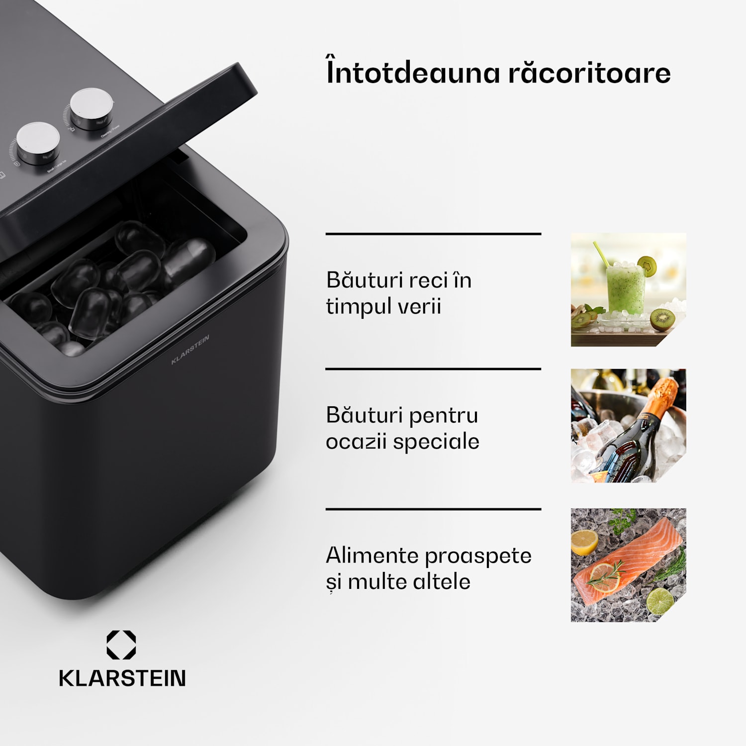 Aparat pentru cuburi de gheata IceCraft, 2 moduri, 1,3 l apa rece, curățare automata, 12 kg/24 h Negru