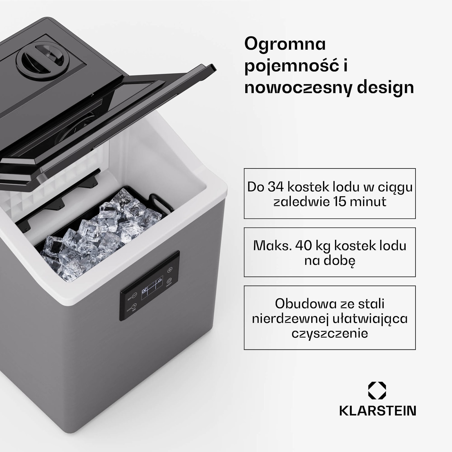 FrostMaster, kostkarka do lodu, 40 kg kostek lodu dziennie, obudowa ze stali nierdzewnej, wyświetlacz LED, szufelka do lodu 