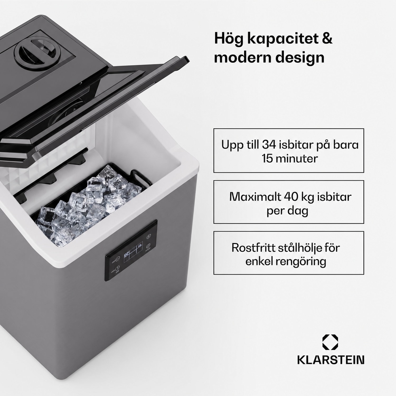 FrostMaster ismaskin 40 kg isbitar per dag utsida i rostfritt stål LED-display med isskopa  