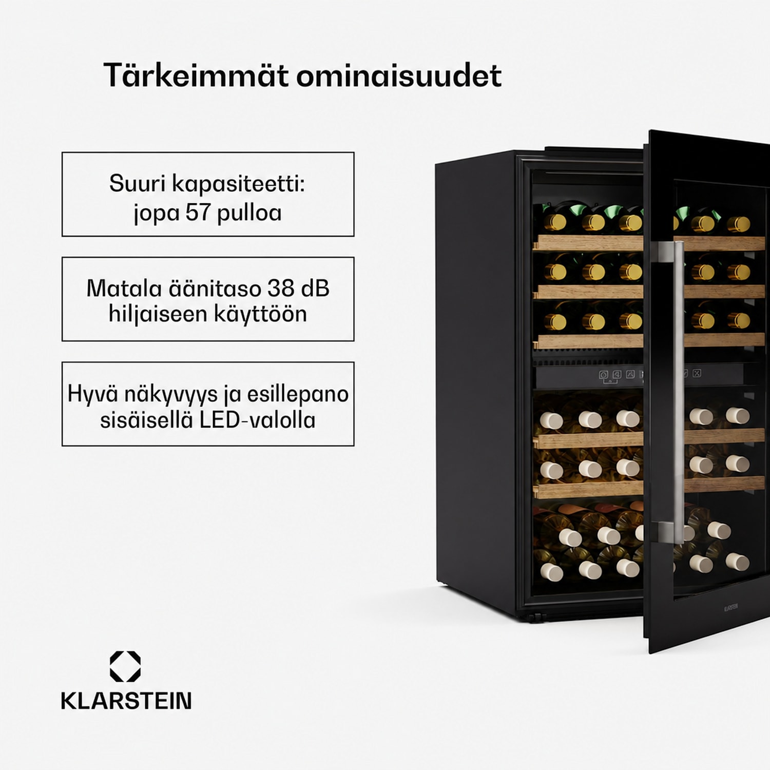 Vinsider 57 Duo -viinikaappi | 2 jäähdytysaluetta | 57 pulloa | sisäänrakennettava laite 57 pulloa | 2 jäähdytysalue | Musta