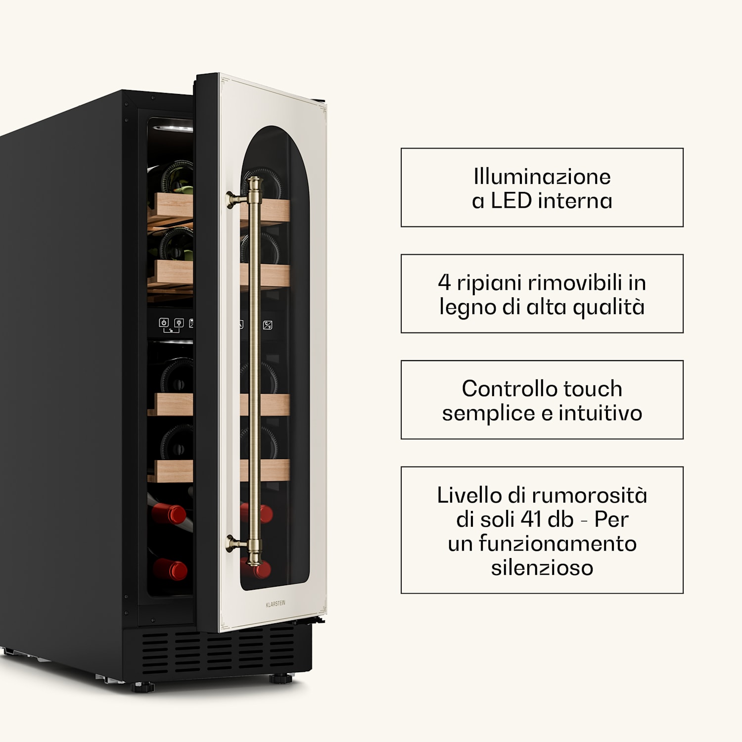 Vinovilla Victoria 17 Duo - Frigorifero per vini | 2 zone di raffreddamento | Touch | 17 bottiglie | 4 ripiani 17 bottiglie | 2 zone di raffreddamento | Crema